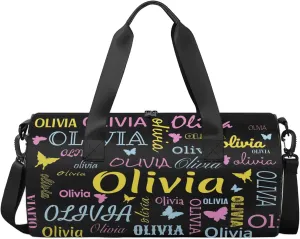 Personalized Butterfly Duffel Bag with Name Round Custom Travel Sports Bag for Women Men Waterproof Dance Ballet Bag Lightweight 17.6in, Black