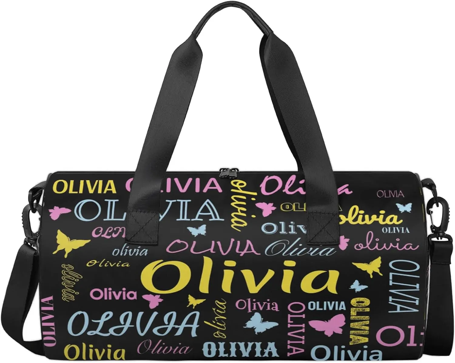 Personalized Butterfly Duffel Bag with Name Round Custom Travel Sports Bag for Women Men Waterproof Dance Ballet Bag Lightweight 17.6in, Black