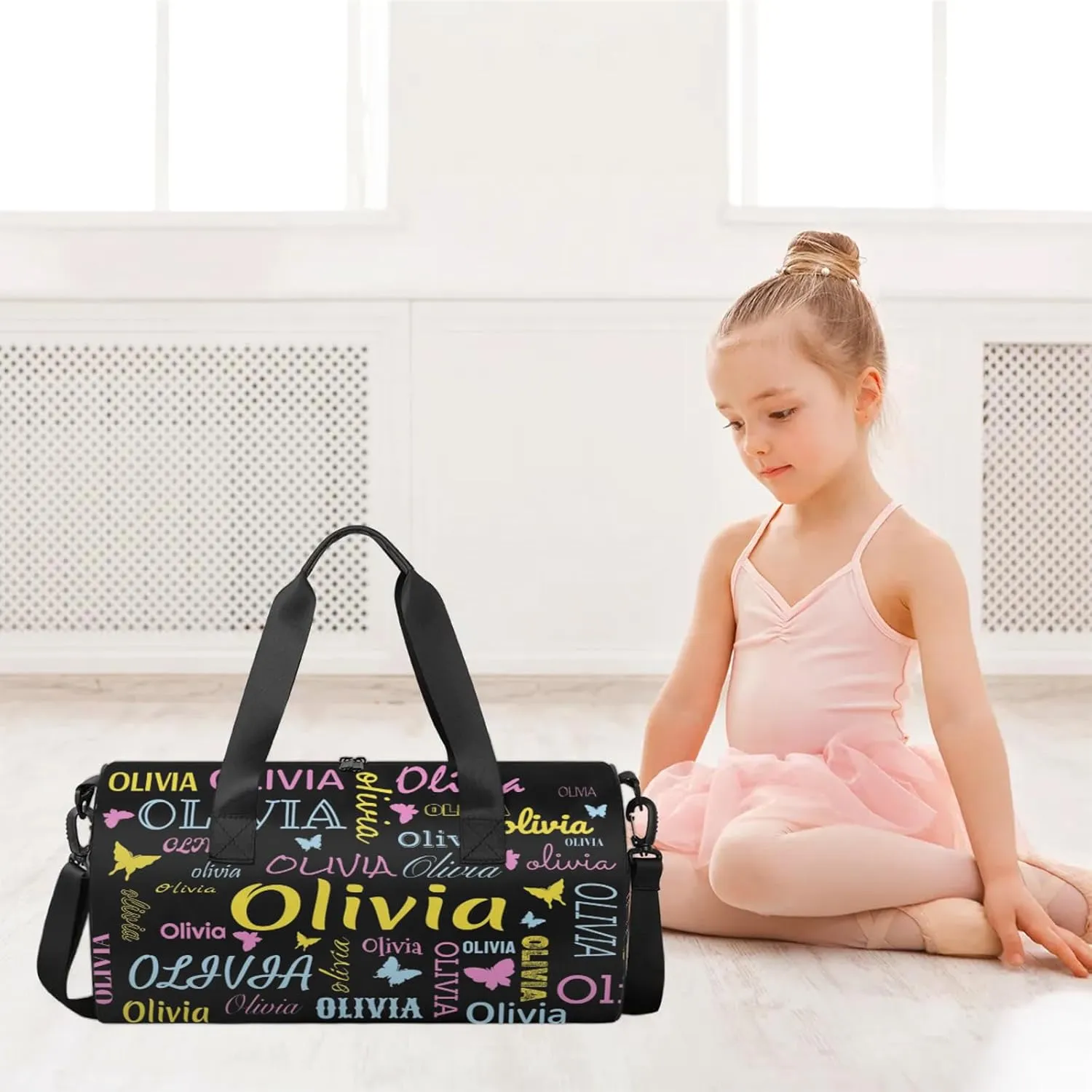 Personalized Butterfly Duffel Bag with Name Round Custom Travel Sports Bag for Women Men Waterproof Dance Ballet Bag Lightweight 17.6in, Black