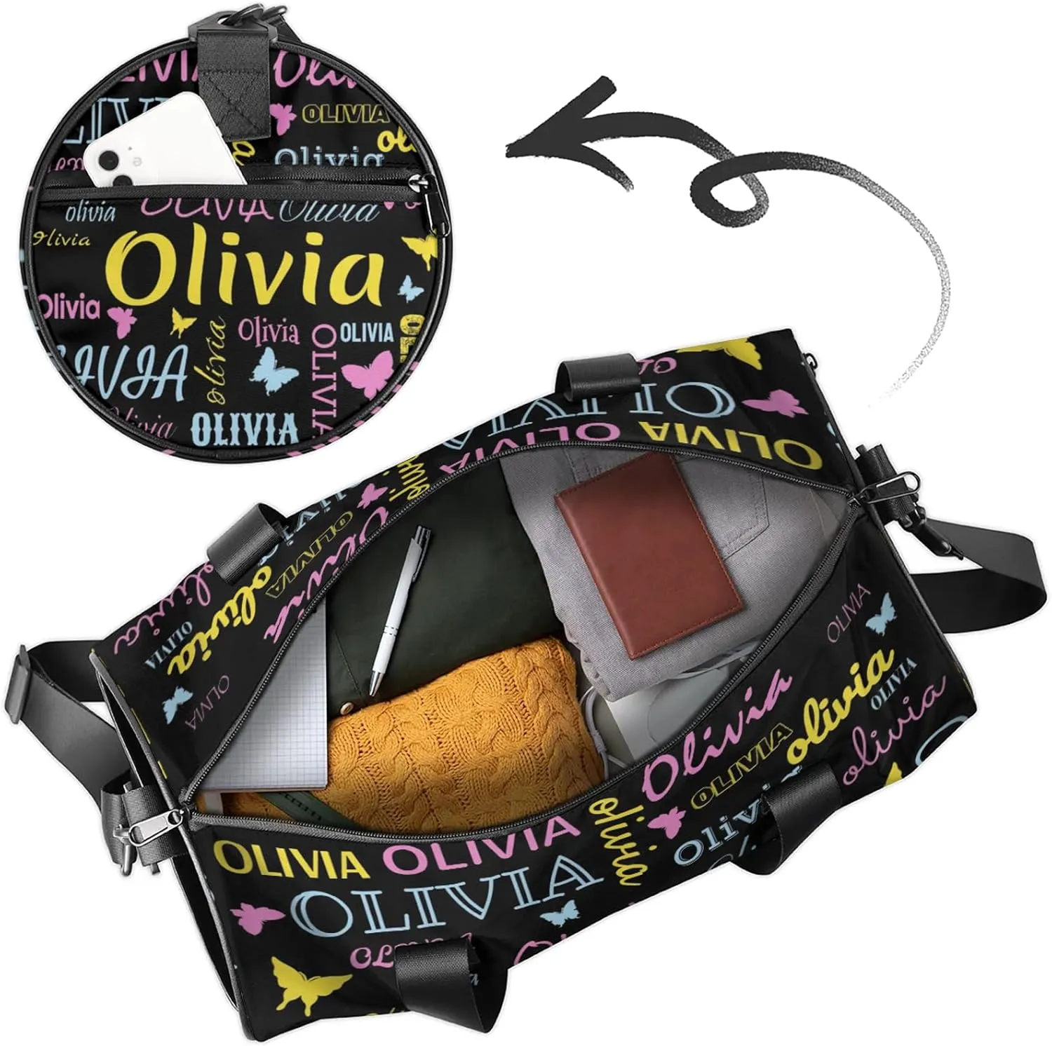 Personalized Butterfly Duffel Bag with Name Round Custom Travel Sports Bag for Women Men Waterproof Dance Ballet Bag Lightweight 17.6in, Black