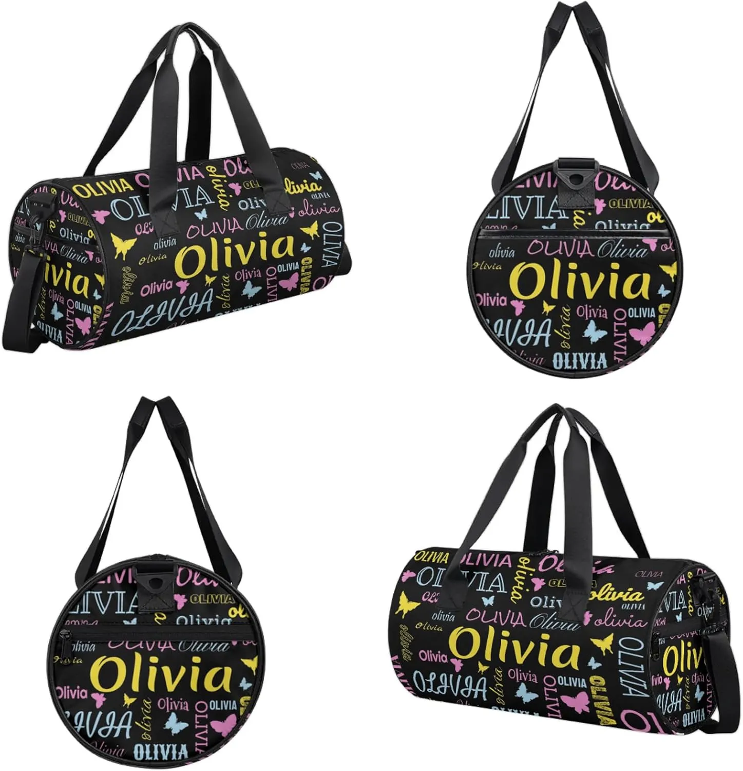 Personalized Butterfly Duffel Bag with Name Round Custom Travel Sports Bag for Women Men Waterproof Dance Ballet Bag Lightweight 17.6in, Black