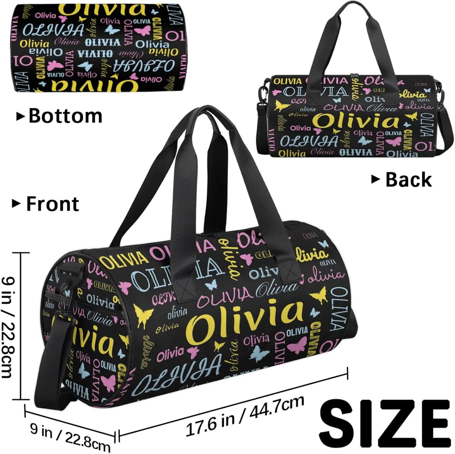 Personalized Butterfly Duffel Bag with Name Round Custom Travel Sports Bag for Women Men Waterproof Dance Ballet Bag Lightweight 17.6in, Black