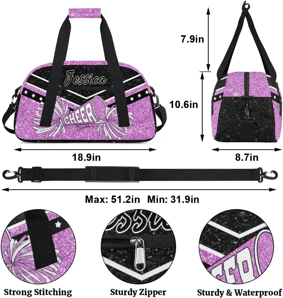 Personalized Cheer Sport Gym Duffel Bags Custom Cheerleadr Bag with Name, Customize Travel Duffle Bags, Overnight Weekender Bag Cheerleading Gifts, Purple Sparkle
