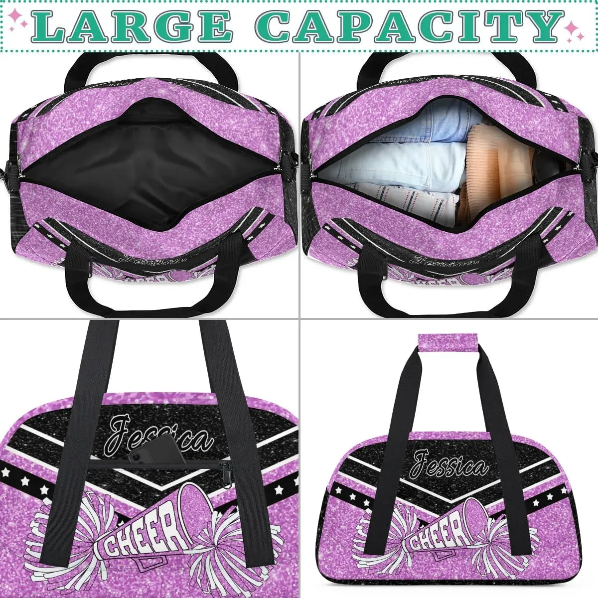Personalized Cheer Sport Gym Duffel Bags Custom Cheerleadr Bag with Name, Customize Travel Duffle Bags, Overnight Weekender Bag Cheerleading Gifts, Purple Sparkle