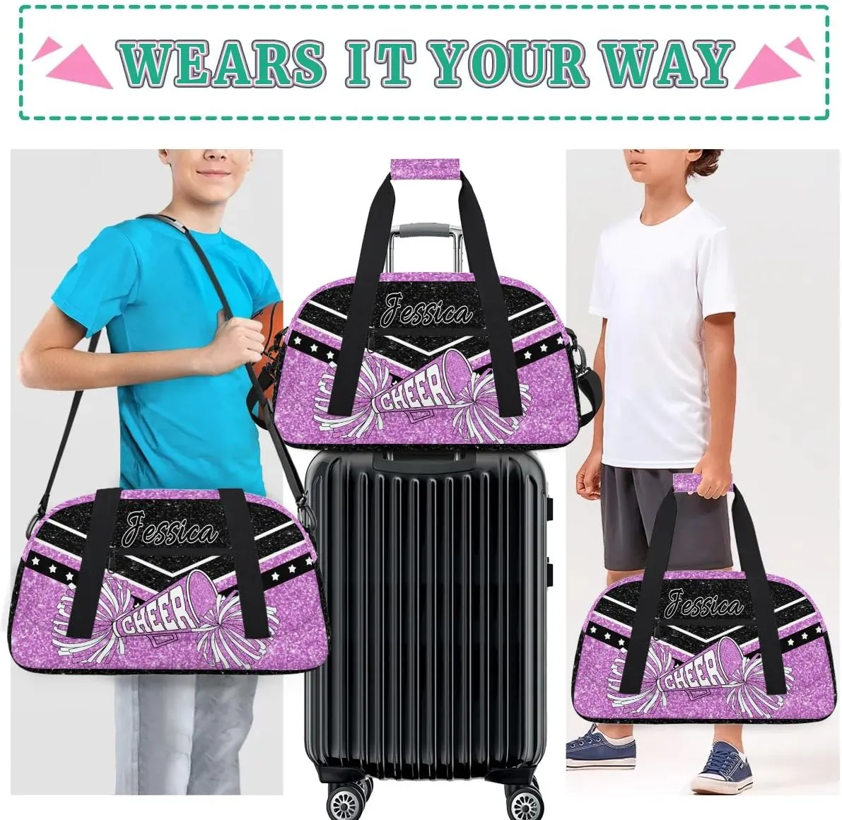 Personalized Cheer Sport Gym Duffel Bags Custom Cheerleadr Bag with Name, Customize Travel Duffle Bags, Overnight Weekender Bag Cheerleading Gifts, Purple Sparkle
