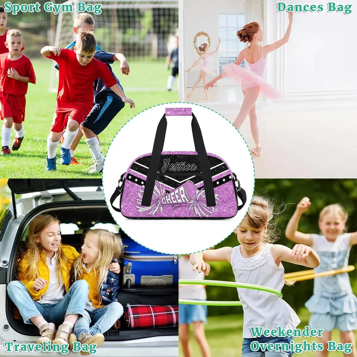 Personalized Cheer Sport Gym Duffel Bags Custom Cheerleadr Bag with Name, Customize Travel Duffle Bags, Overnight Weekender Bag Cheerleading Gifts, Purple Sparkle
