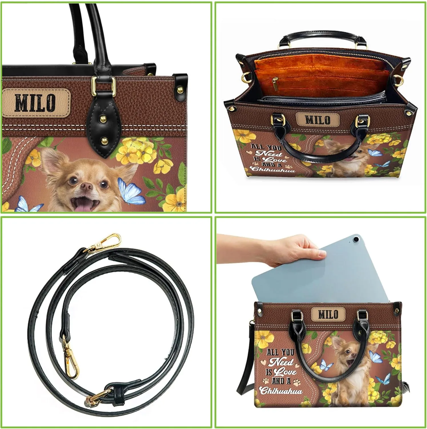 Personalized Chihuahua Dog Handbags, Custom Name Dog Leather Bags, Purses, Shoulder Bag, Gift For Dog Mom Dog Lover
