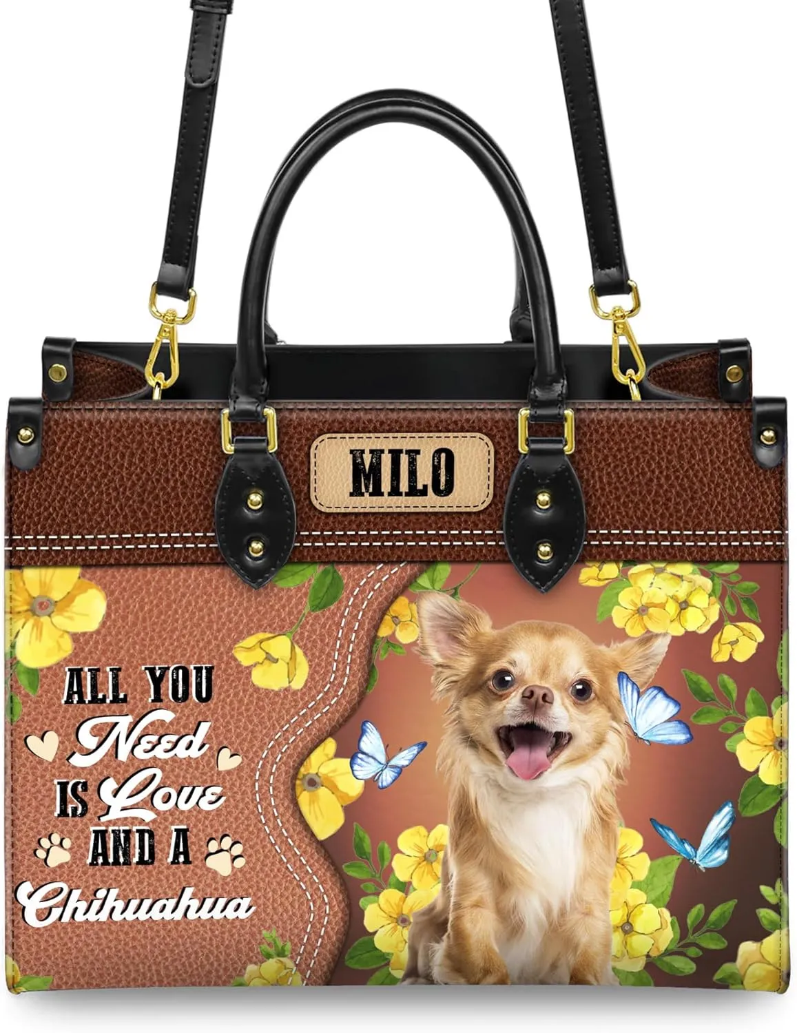 Personalized Chihuahua Dog Handbags, Custom Name Dog Leather Bags, Purses, Shoulder Bag, Gift For Dog Mom Dog Lover