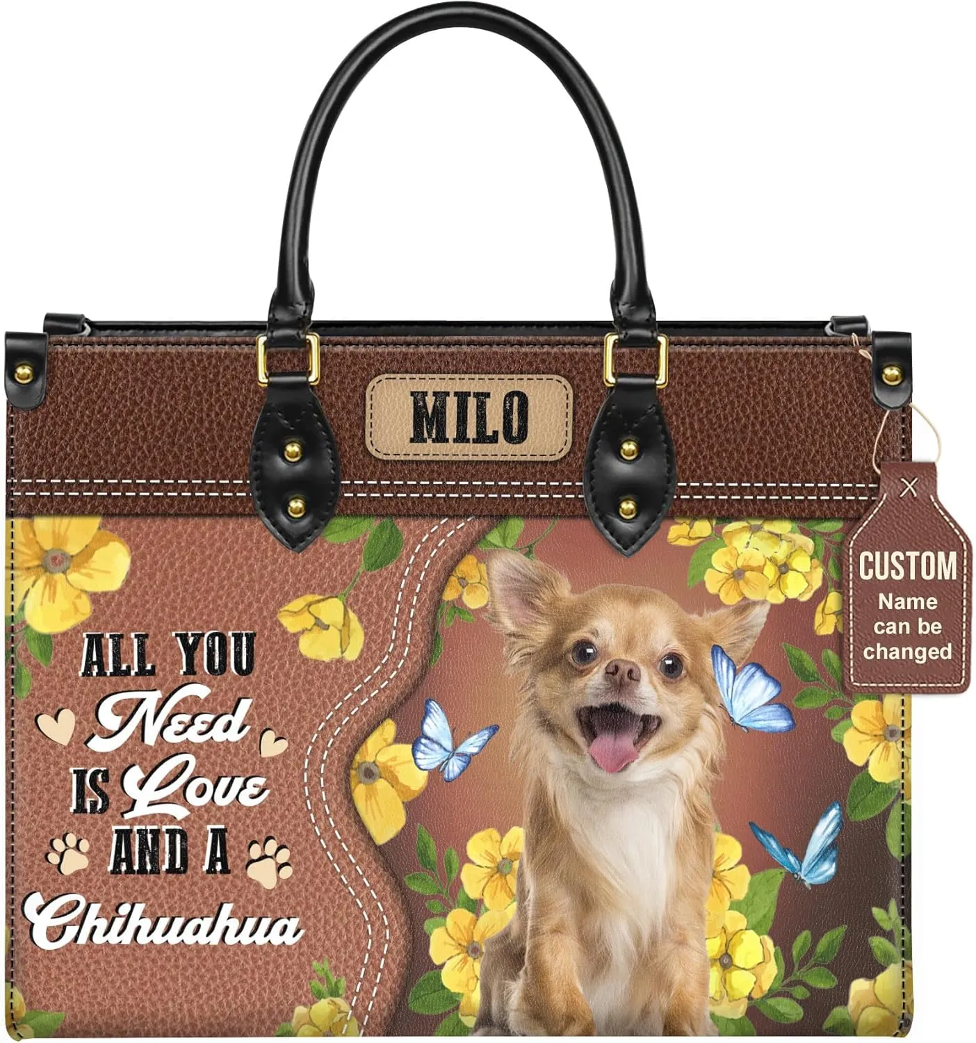 Personalized Chihuahua Dog Handbags, Custom Name Dog Leather Bags, Purses, Shoulder Bag, Gift For Dog Mom Dog Lover