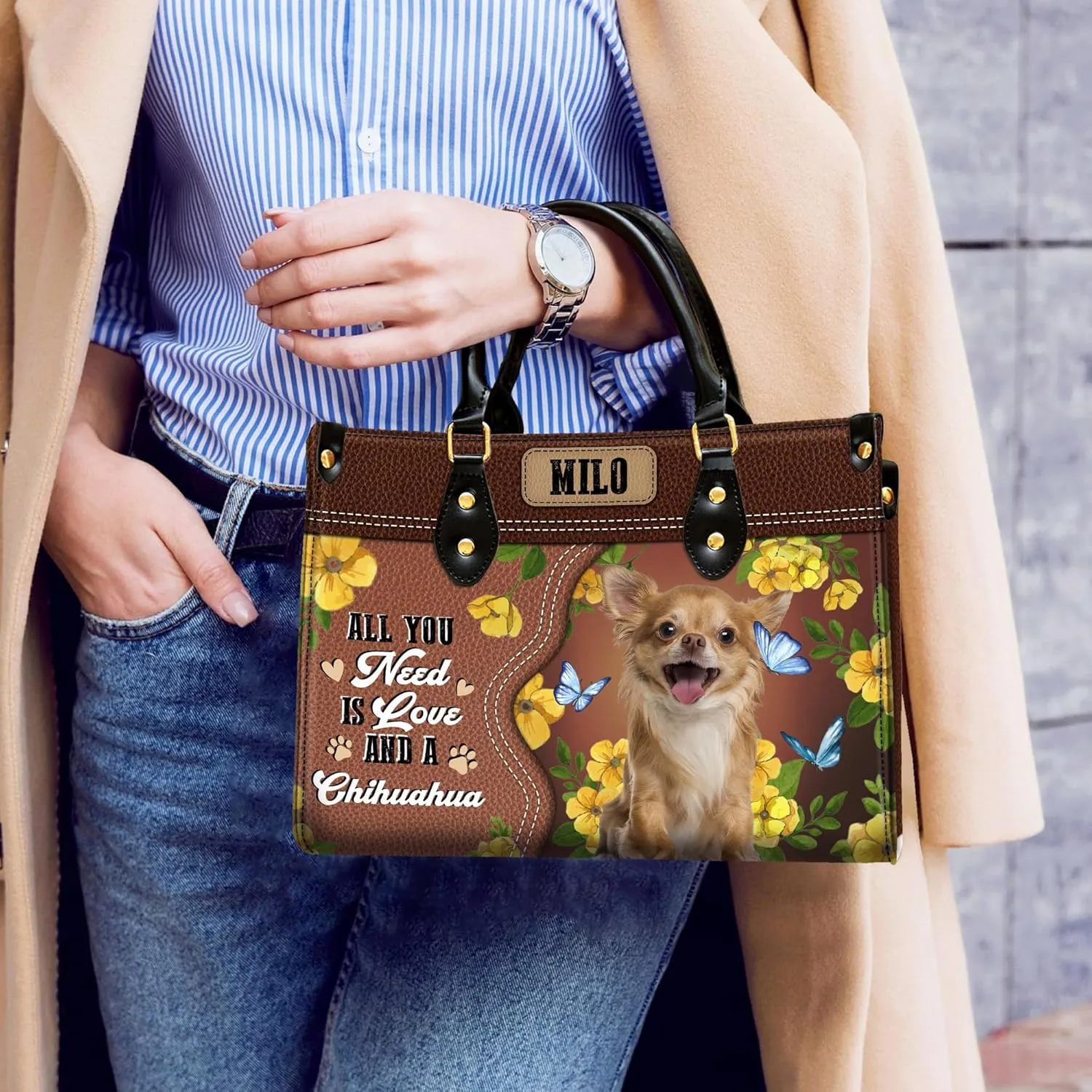 Personalized Chihuahua Dog Handbags, Custom Name Dog Leather Bags, Purses, Shoulder Bag, Gift For Dog Mom Dog Lover
