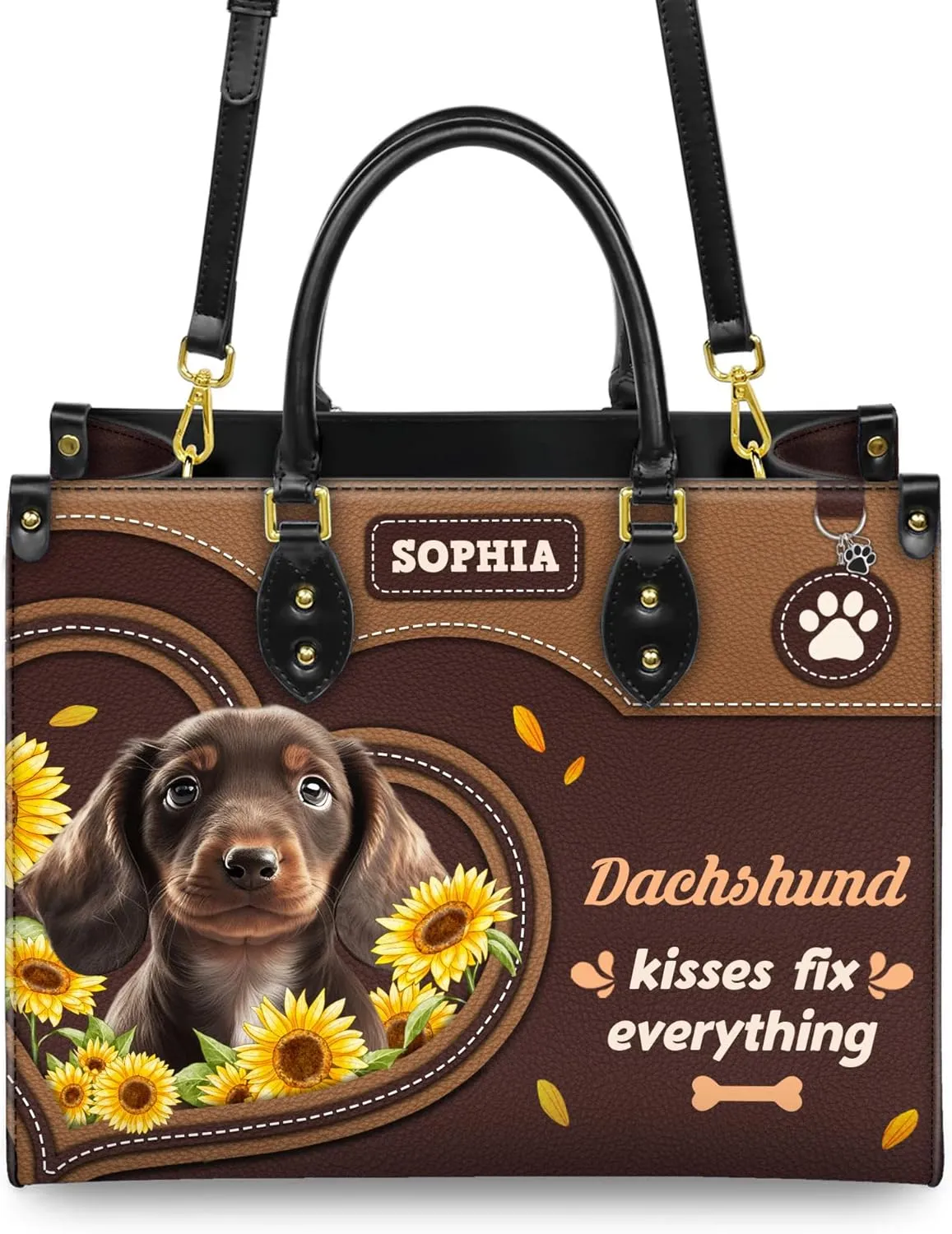 Personalized Dachshund Dog Handbags, Custom Name Dog Leather Bags, Purses, Shoulder Bag, Gift For Dog Mom Dog Lover