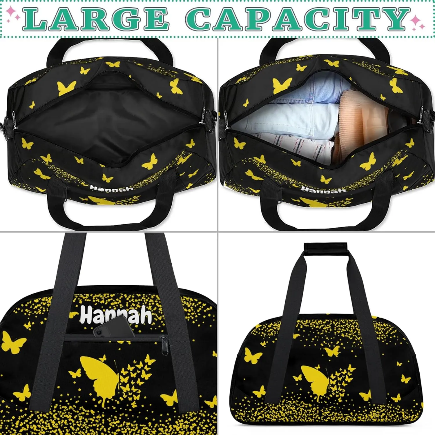Personalized Duffel Bag with Name Butterfly Custom Travel Sports Bag for Women Men Waterproof Dance Ballet Bag Lightweight 18.9in, Gold