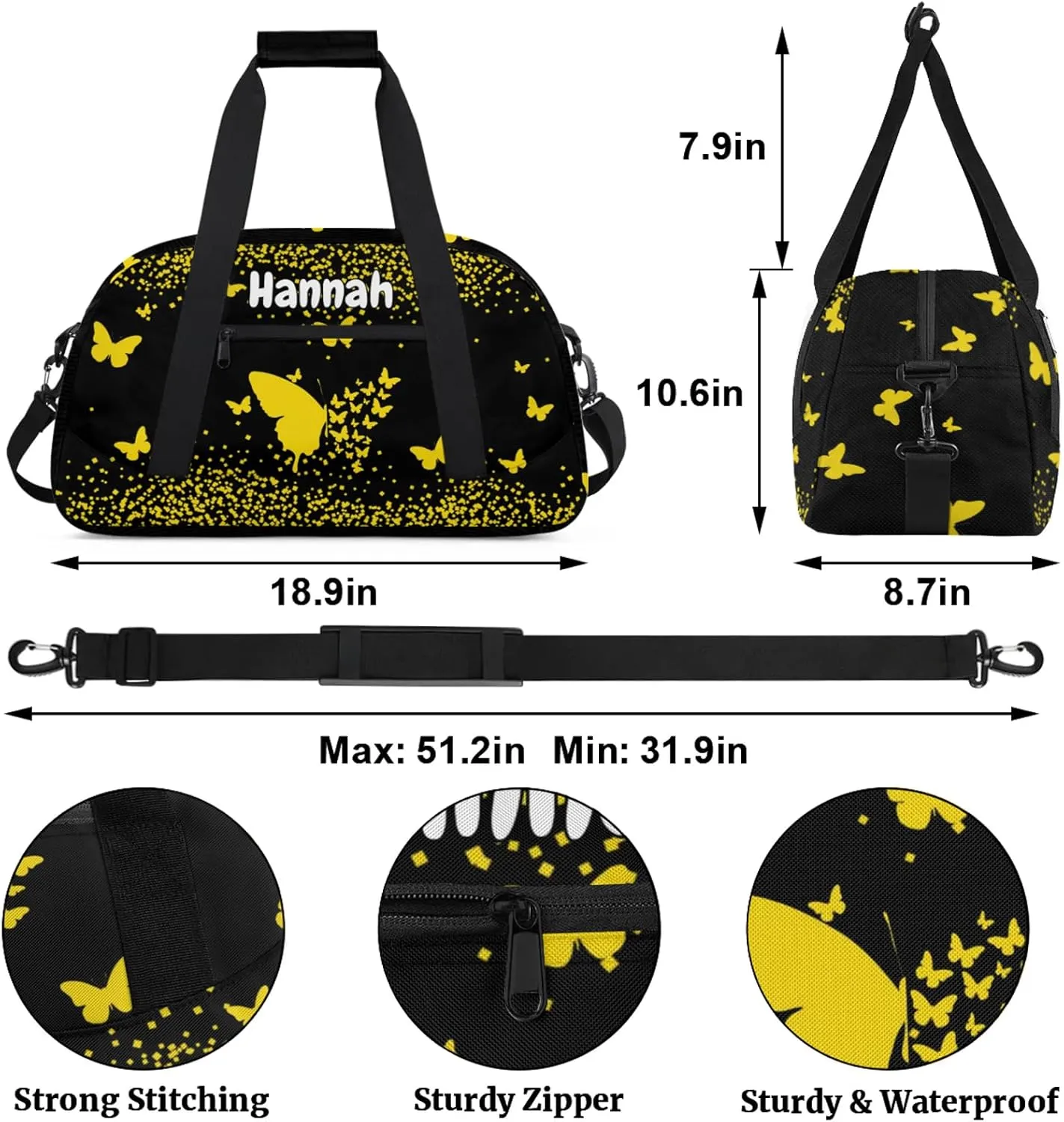 Personalized Duffel Bag with Name Butterfly Custom Travel Sports Bag for Women Men Waterproof Dance Ballet Bag Lightweight 18.9in, Gold