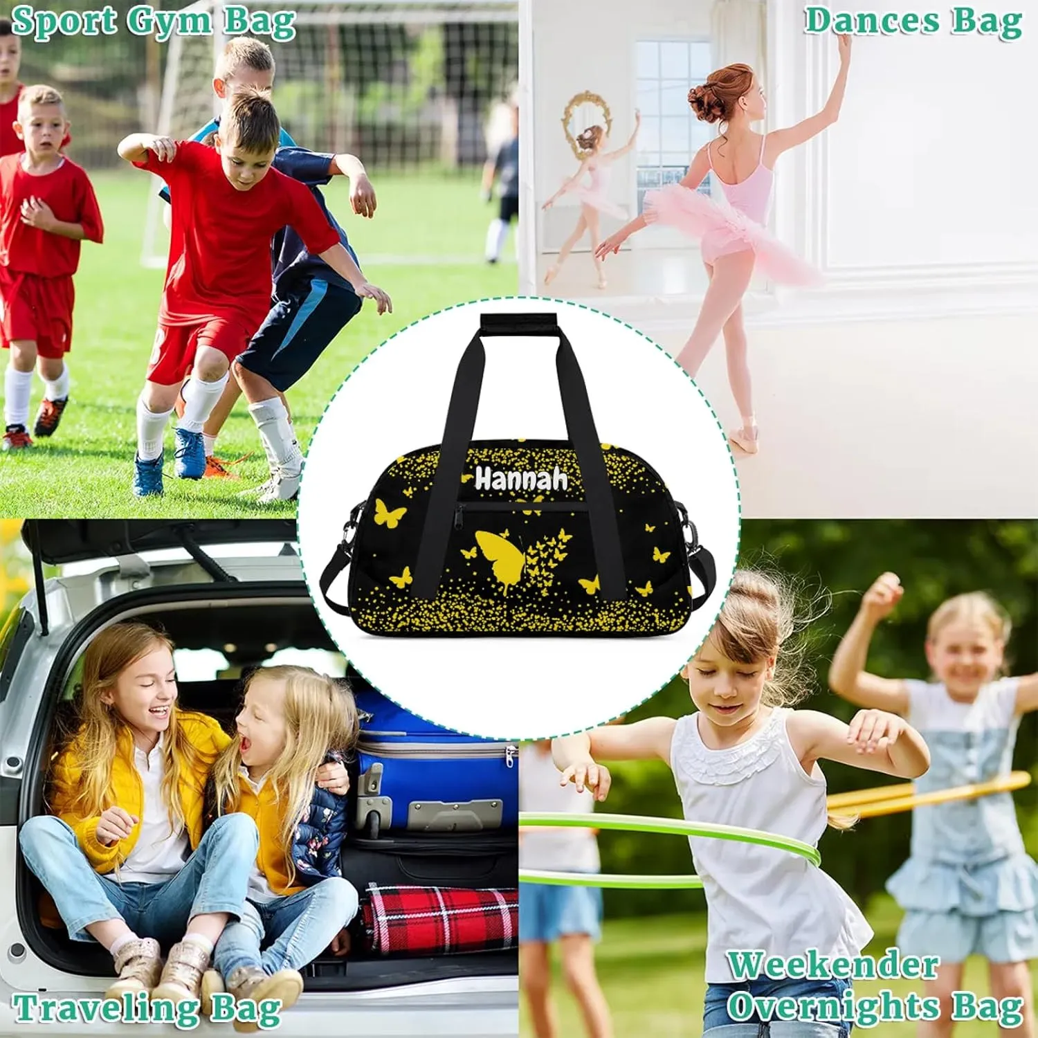 Personalized Duffel Bag with Name Butterfly Custom Travel Sports Bag for Women Men Waterproof Dance Ballet Bag Lightweight 18.9in, Gold