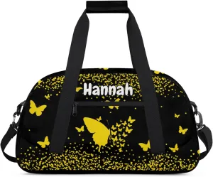 Personalized Duffel Bag with Name Butterfly Custom Travel Sports Bag for Women Men Waterproof Dance Ballet Bag Lightweight 18.9in, Gold