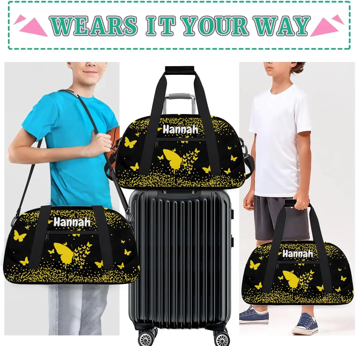 Personalized Duffel Bag with Name Butterfly Custom Travel Sports Bag for Women Men Waterproof Dance Ballet Bag Lightweight 18.9in, Gold