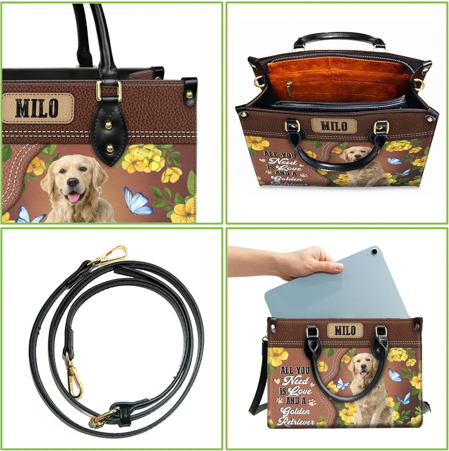 Personalized Golden Retriever Dog Handbags, Custom Name Dog Leather Bags, Purses, Shoulder Bag, Gift For Dog Mom Dog Lover