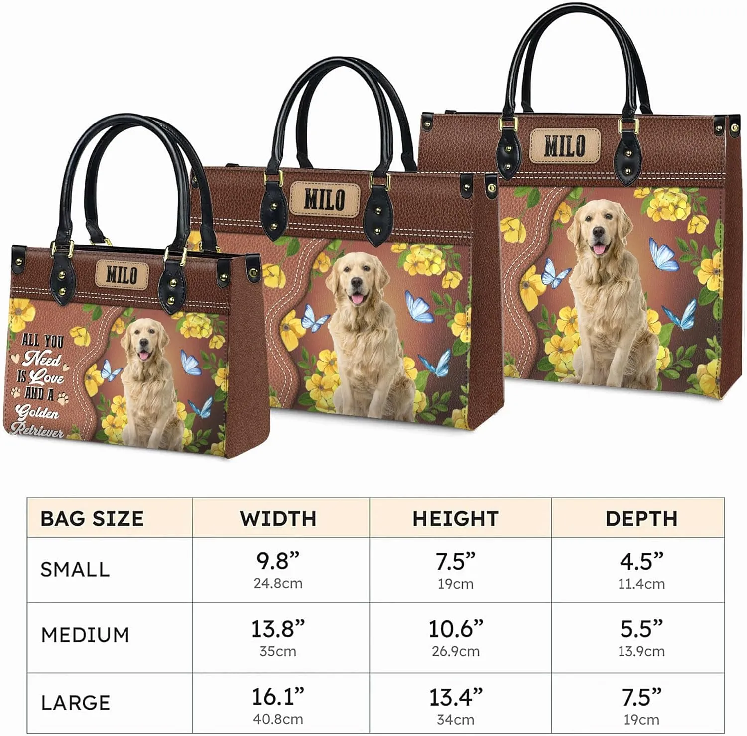 Personalized Golden Retriever Dog Handbags, Custom Name Dog Leather Bags, Purses, Shoulder Bag, Gift For Dog Mom Dog Lover