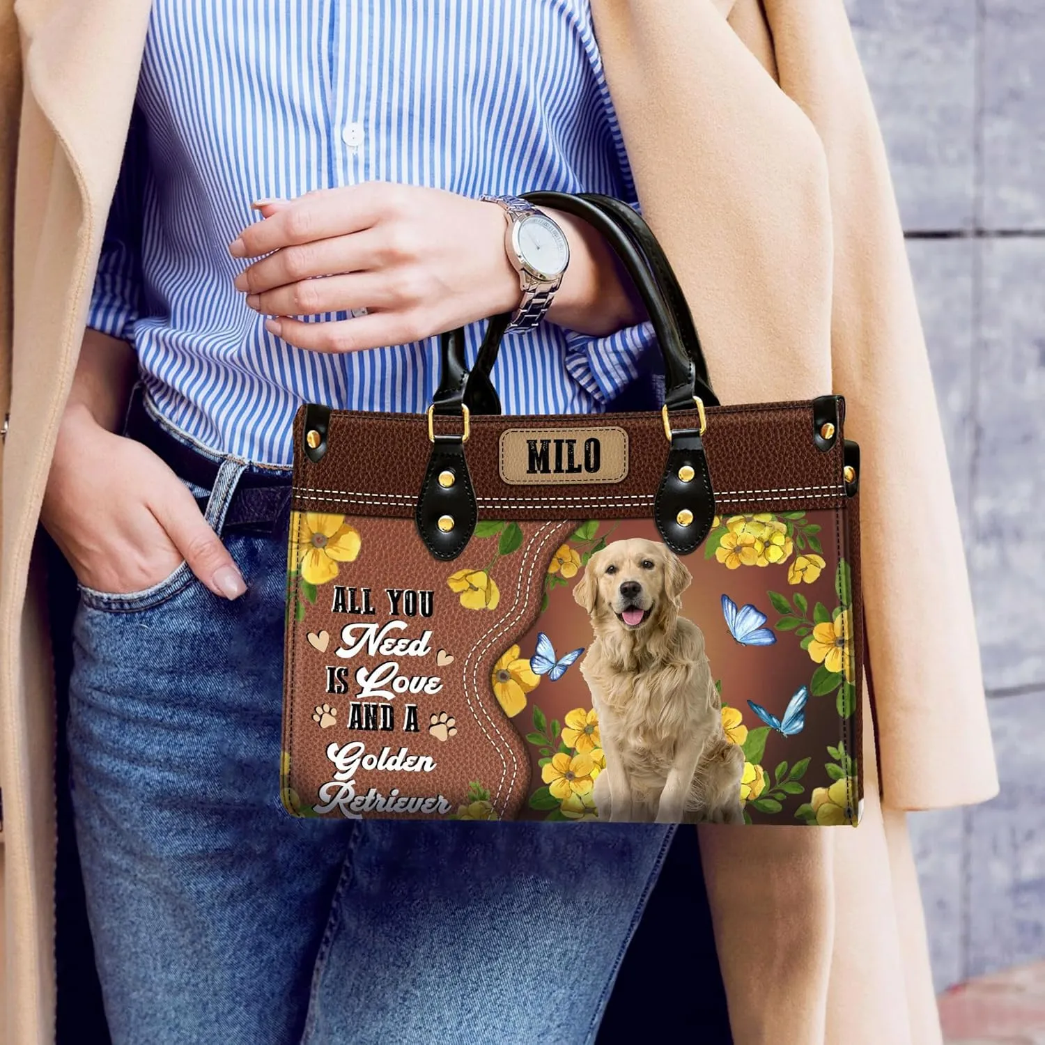 Personalized Golden Retriever Dog Handbags, Custom Name Dog Leather Bags, Purses, Shoulder Bag, Gift For Dog Mom Dog Lover