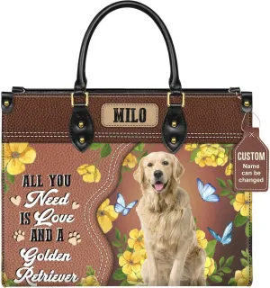Personalized Golden Retriever Dog Handbags, Custom Name Dog Leather Bags, Purses, Shoulder Bag, Gift For Dog Mom Dog Lover