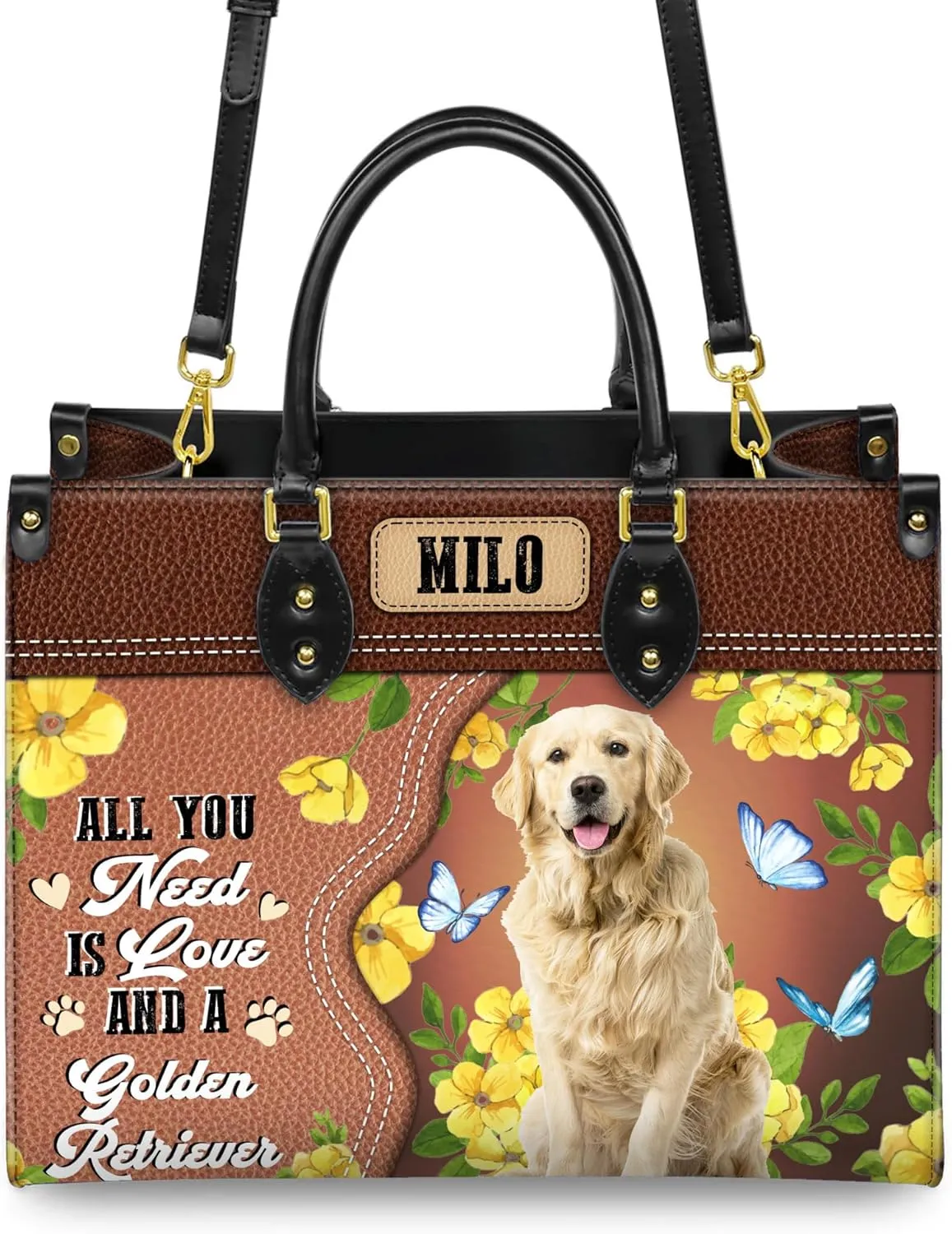Personalized Golden Retriever Dog Handbags, Custom Name Dog Leather Bags, Purses, Shoulder Bag, Gift For Dog Mom Dog Lover