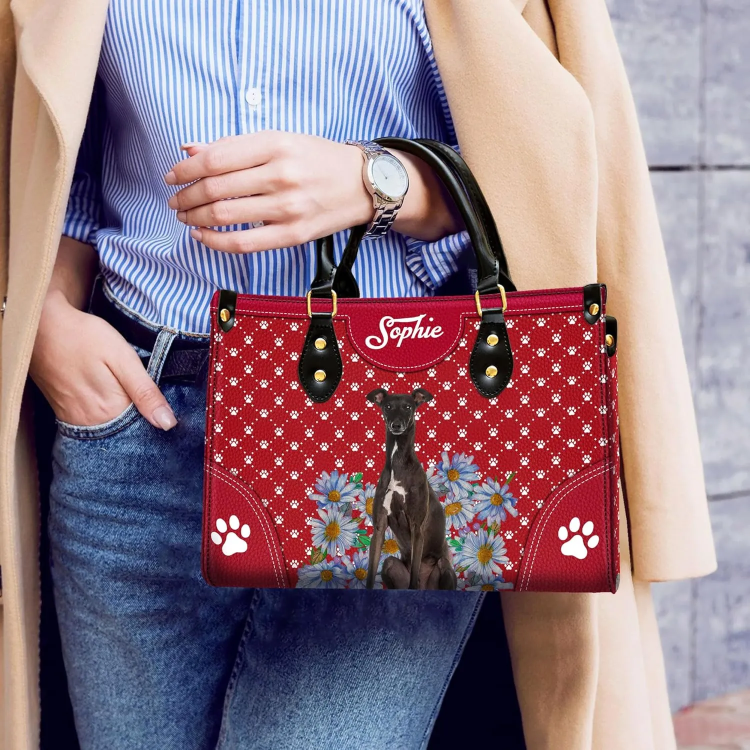 Personalized Italian Greyhound Dog Handbags, Custom Name Dog Leather Bags, Purses, Shoulder Bag, Gift For Dog Mom Dog Lover
