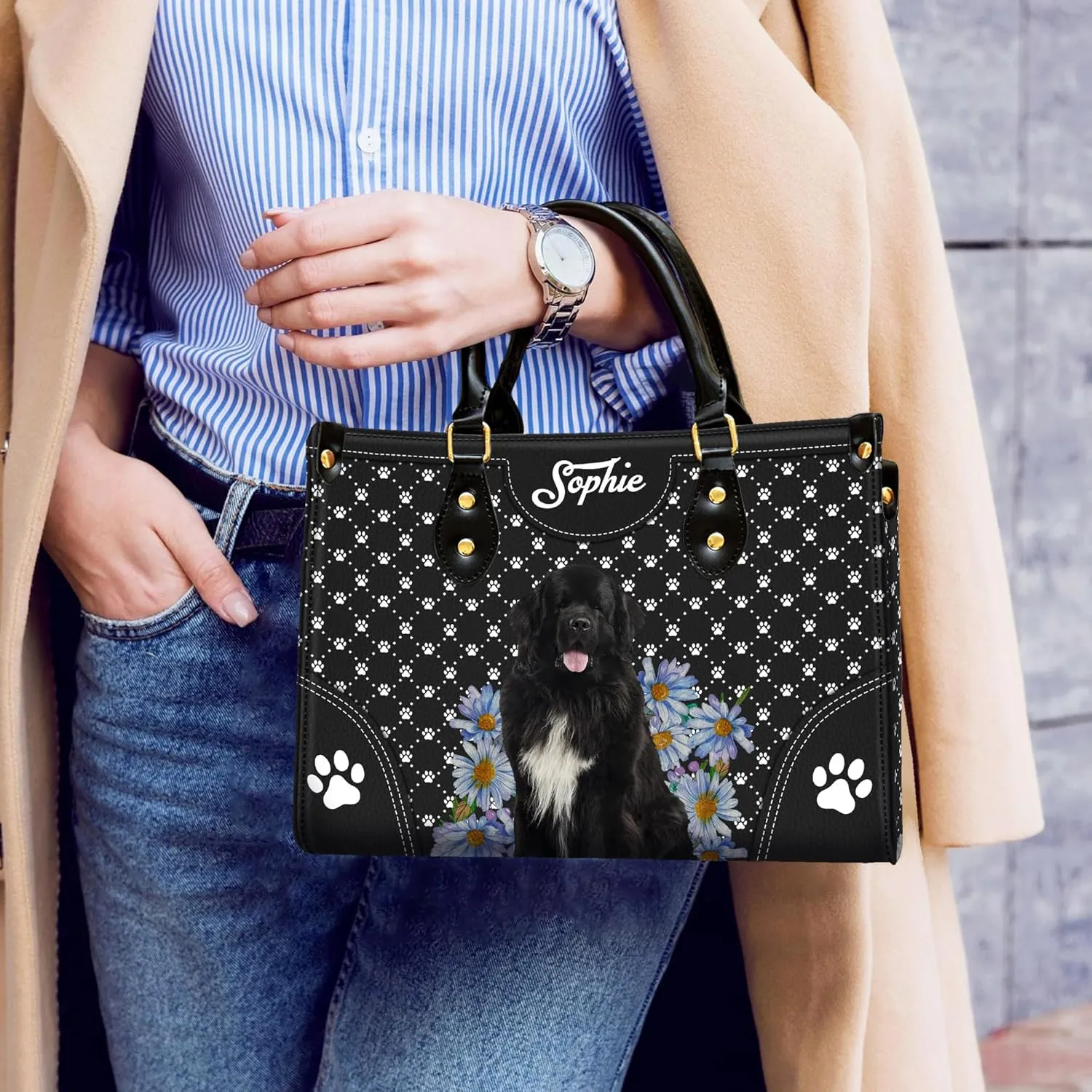 Personalized Newfoundland Dog Handbags, Custom Name Dog Leather Bags, Purses, Shoulder Bag, Gift For Dog Mom Dog Lover