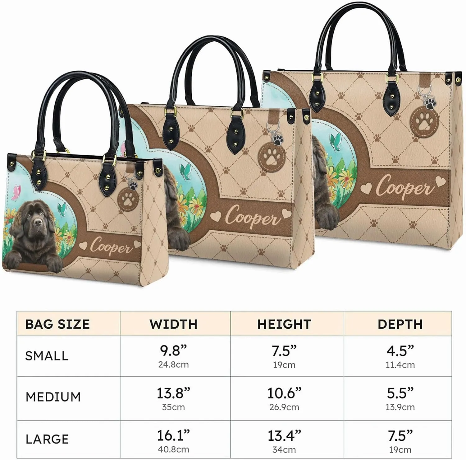 Personalized Newfoundland Dog Handbags, Custom Name Dog Leather Bags, Purses, Shoulder Bag, Gift For Dog Mom Dog Lover