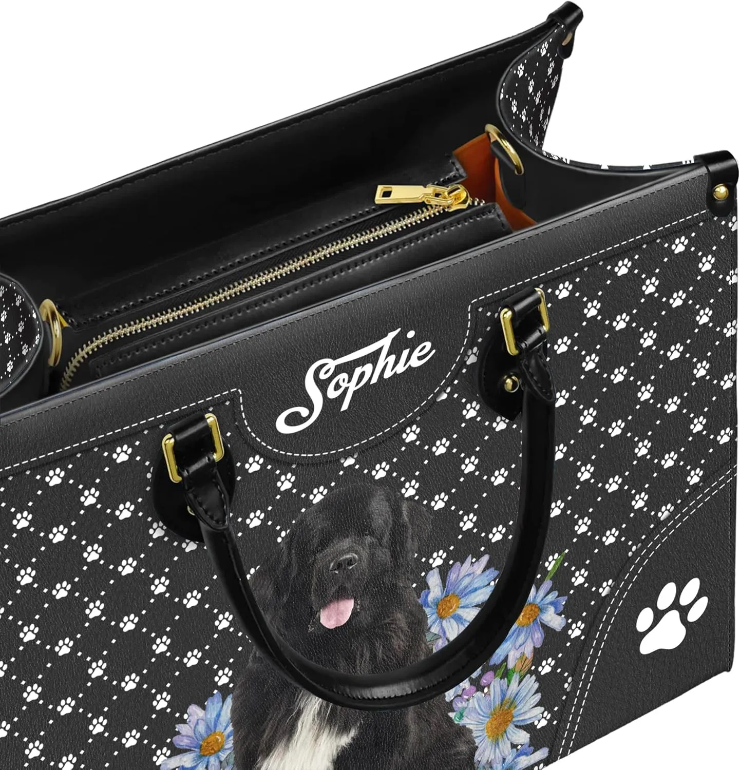 Personalized Newfoundland Dog Handbags, Custom Name Dog Leather Bags, Purses, Shoulder Bag, Gift For Dog Mom Dog Lover