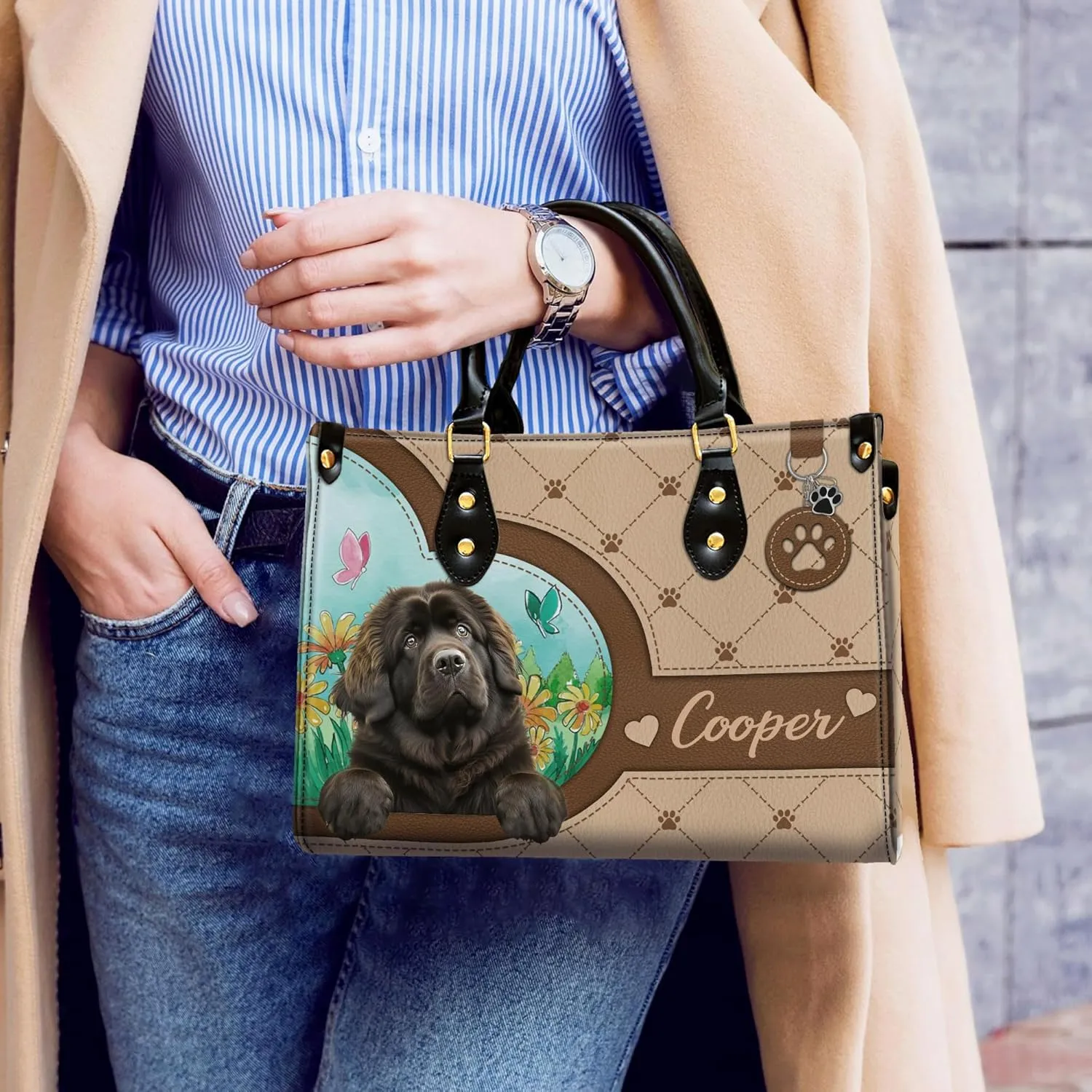 Personalized Newfoundland Dog Handbags, Custom Name Dog Leather Bags, Purses, Shoulder Bag, Gift For Dog Mom Dog Lover