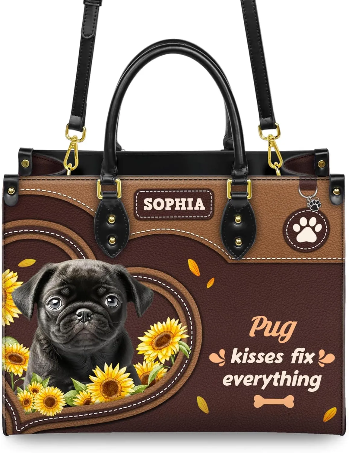 Personalized Pug Dog Handbags, Custom Name Dog Leather Bags, Purses, Shoulder Bag, Gift For Dog Mom Dog Lover