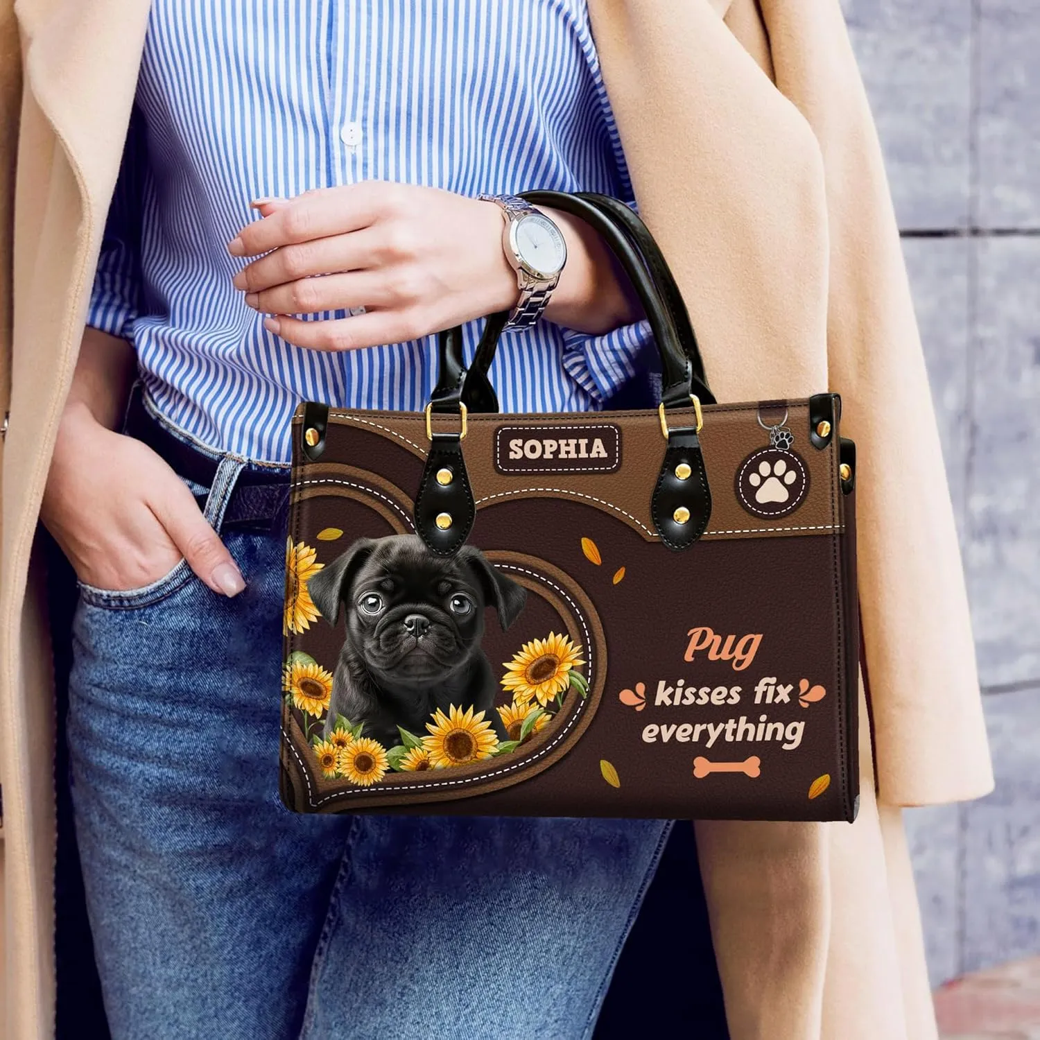 Personalized Pug Dog Handbags, Custom Name Dog Leather Bags, Purses, Shoulder Bag, Gift For Dog Mom Dog Lover