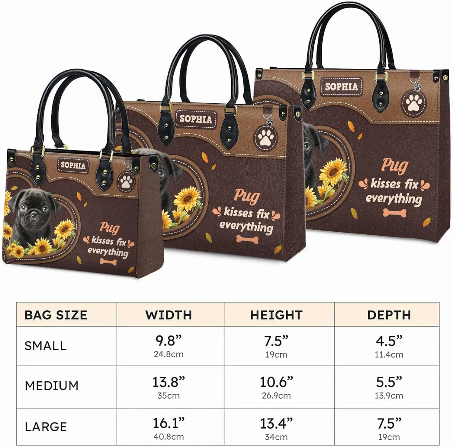 Personalized Pug Dog Handbags, Custom Name Dog Leather Bags, Purses, Shoulder Bag, Gift For Dog Mom Dog Lover