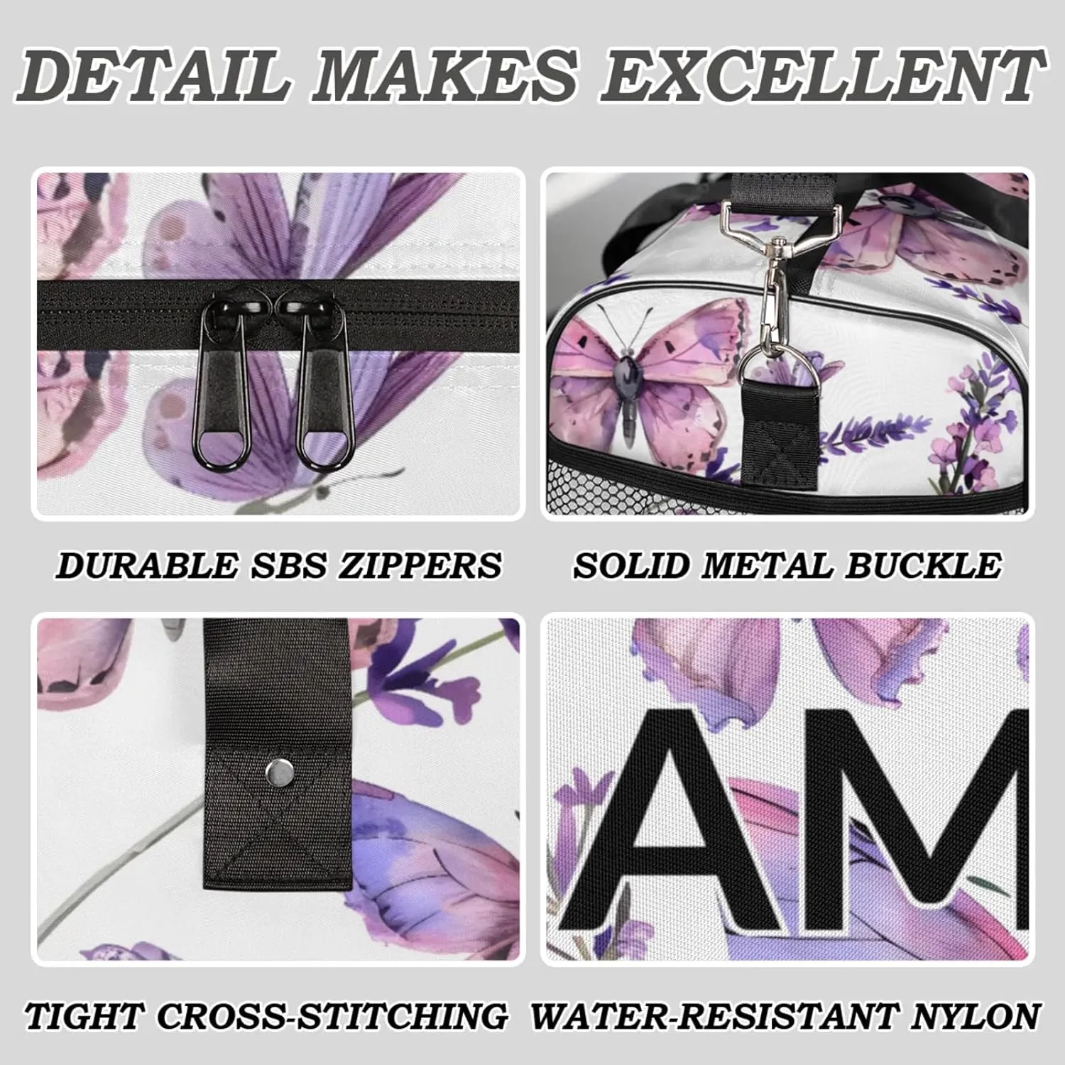 Personalized Purple Butterfly Travel Duffel Bag with Name, Custom Gym Sport Bag Spring Flower Carry On Weekend Overnight Duffel Bag for Men Women