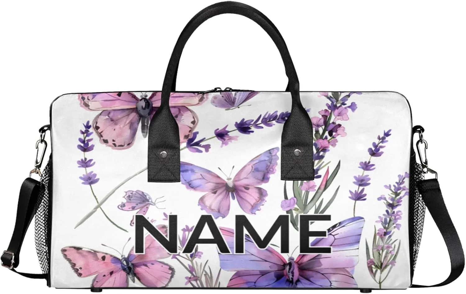 Personalized Purple Butterfly Travel Duffel Bag with Name, Custom Gym Sport Bag Spring Flower Carry On Weekend Overnight Duffel Bag for Men Women