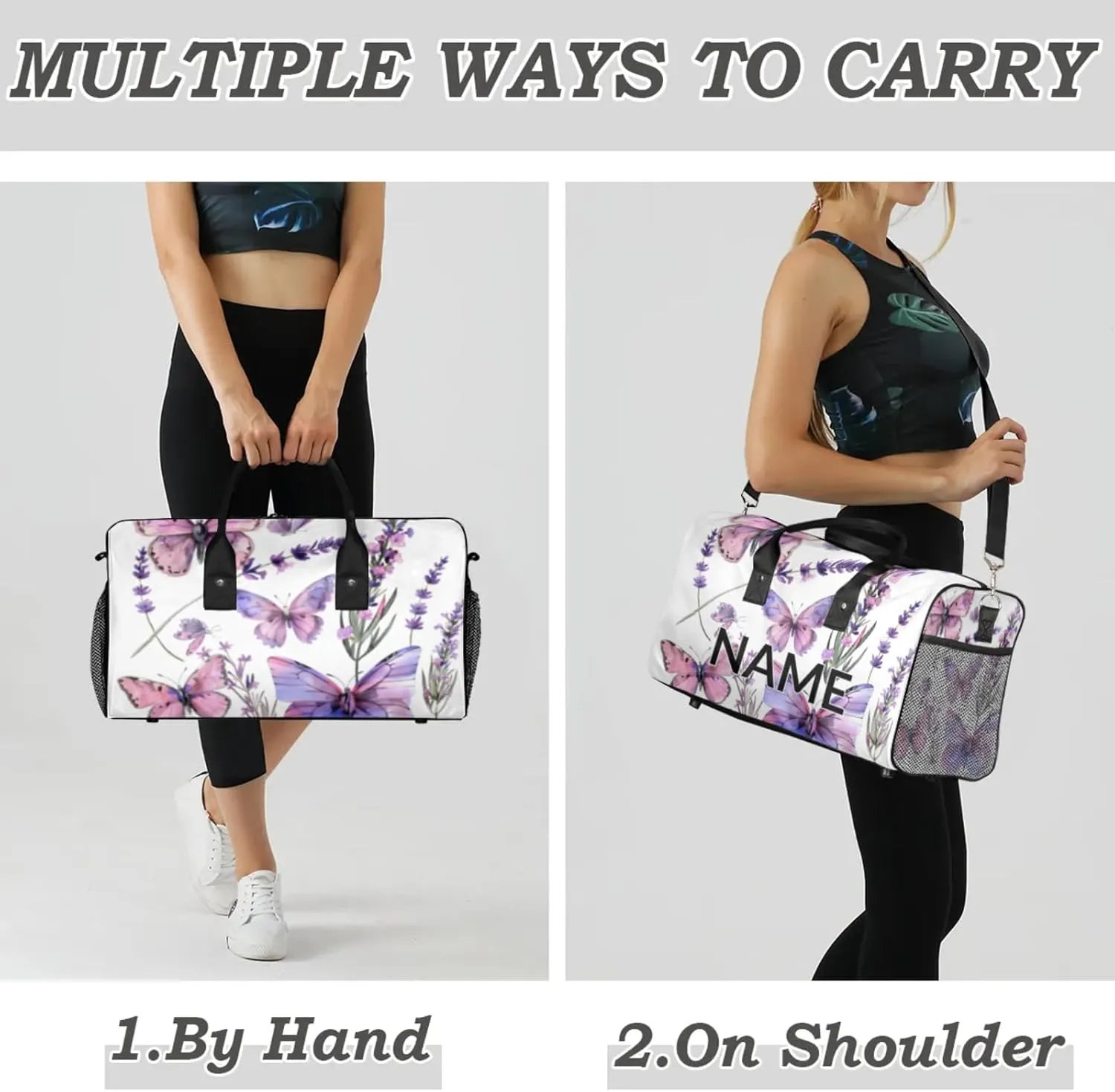 Personalized Purple Butterfly Travel Duffel Bag with Name, Custom Gym Sport Bag Spring Flower Carry On Weekend Overnight Duffel Bag for Men Women