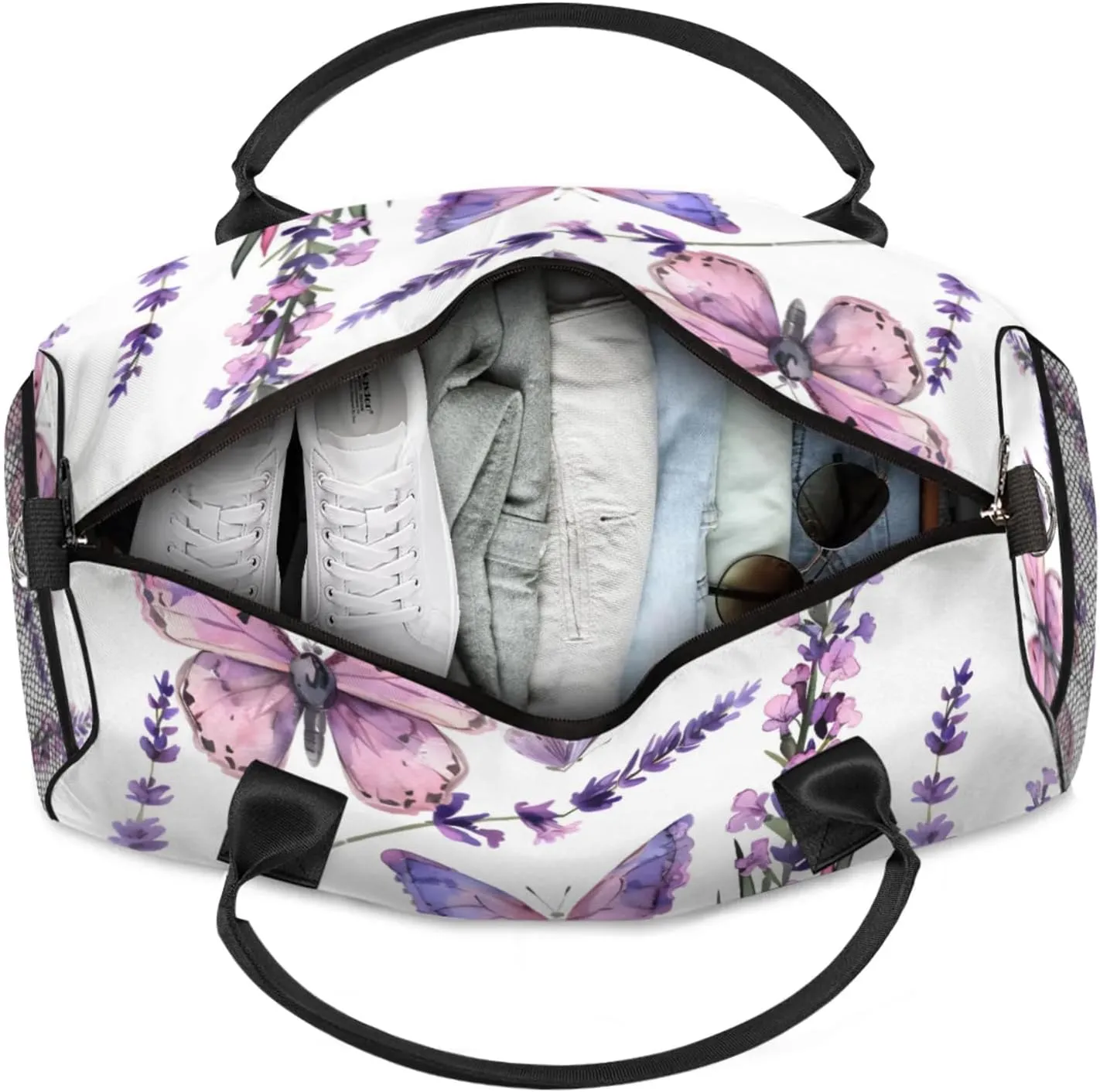 Personalized Purple Butterfly Travel Duffel Bag with Name, Custom Gym Sport Bag Spring Flower Carry On Weekend Overnight Duffel Bag for Men Women