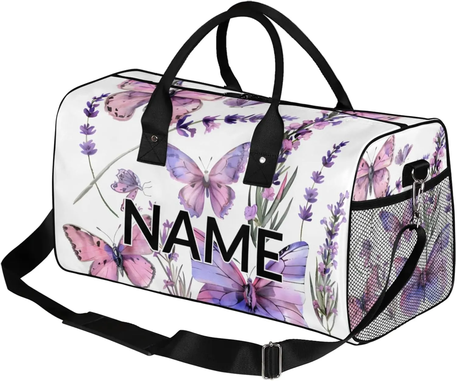 Personalized Purple Butterfly Travel Duffel Bag with Name, Custom Gym Sport Bag Spring Flower Carry On Weekend Overnight Duffel Bag for Men Women