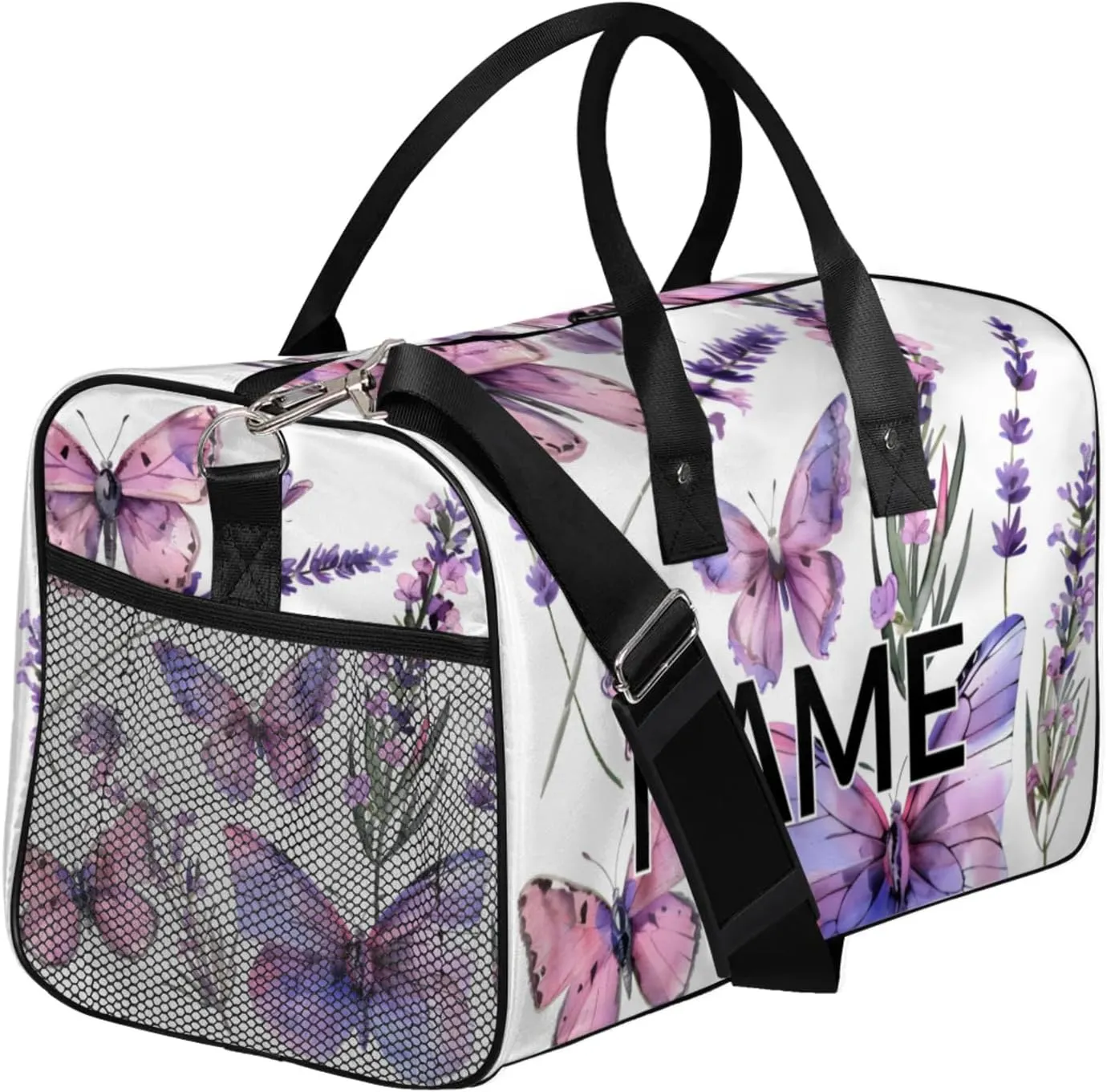 Personalized Purple Butterfly Travel Duffel Bag with Name, Custom Gym Sport Bag Spring Flower Carry On Weekend Overnight Duffel Bag for Men Women