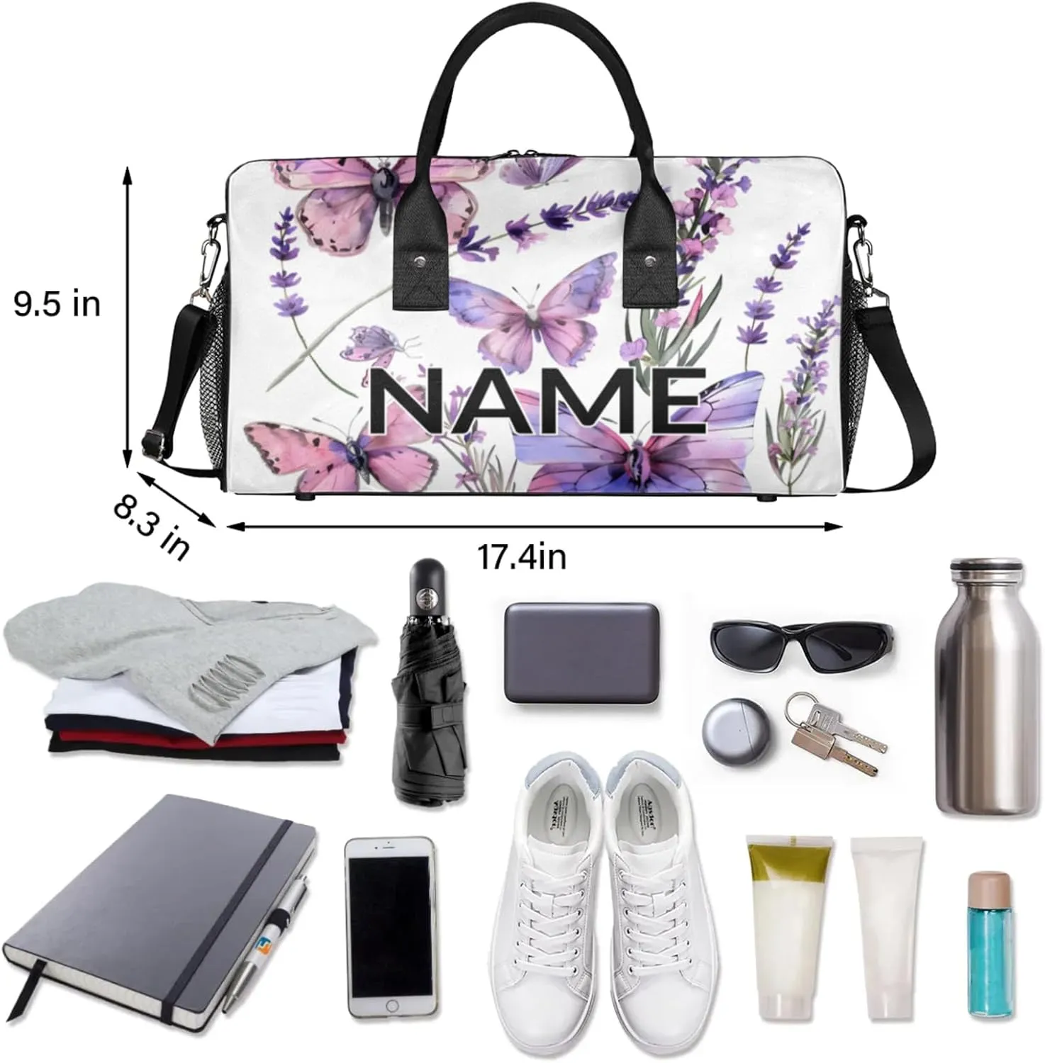 Personalized Purple Butterfly Travel Duffel Bag with Name, Custom Gym Sport Bag Spring Flower Carry On Weekend Overnight Duffel Bag for Men Women