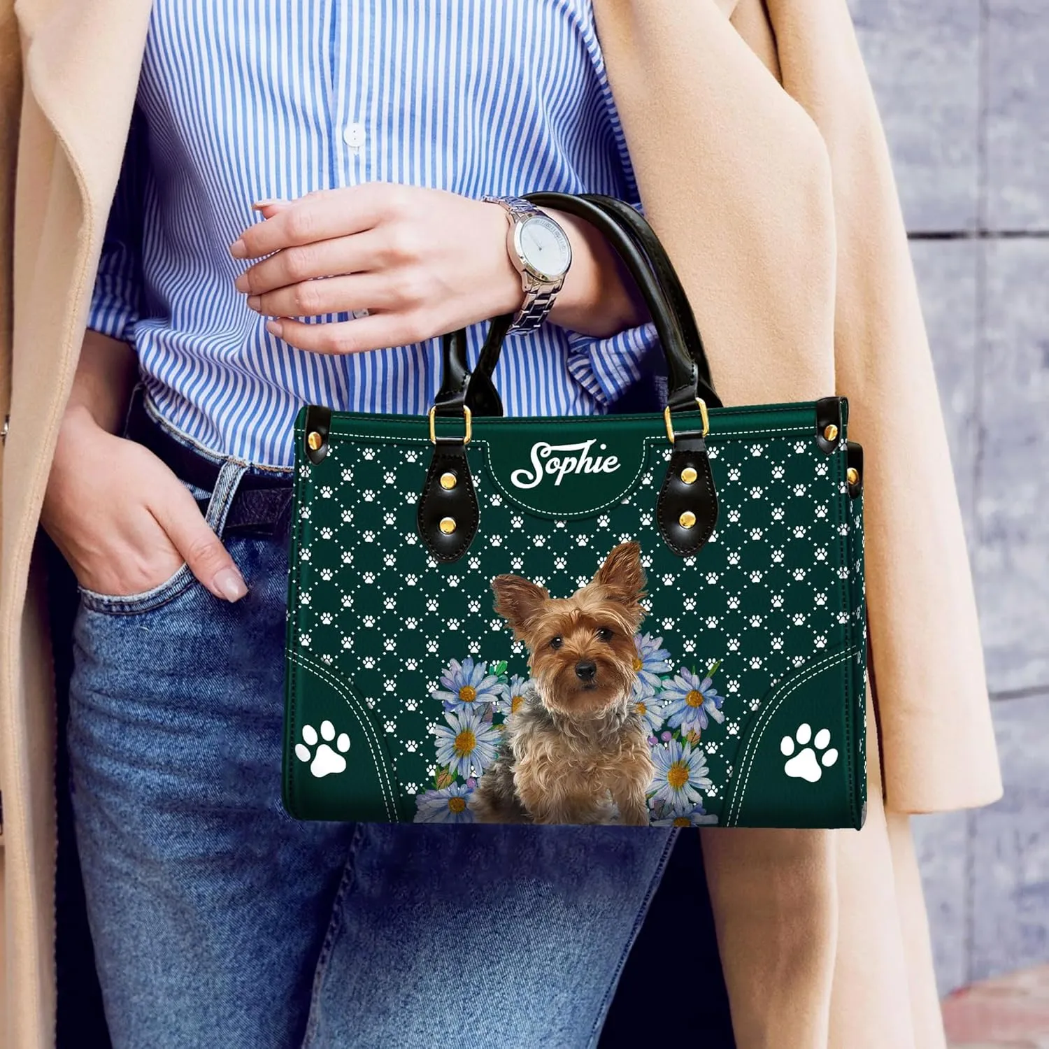 Personalized Yorkshire Terrier Dog Handbags, Custom Name Dog Leather Bags, Purses, Shoulder Bag, Gift For Dog Mom Dog Lover