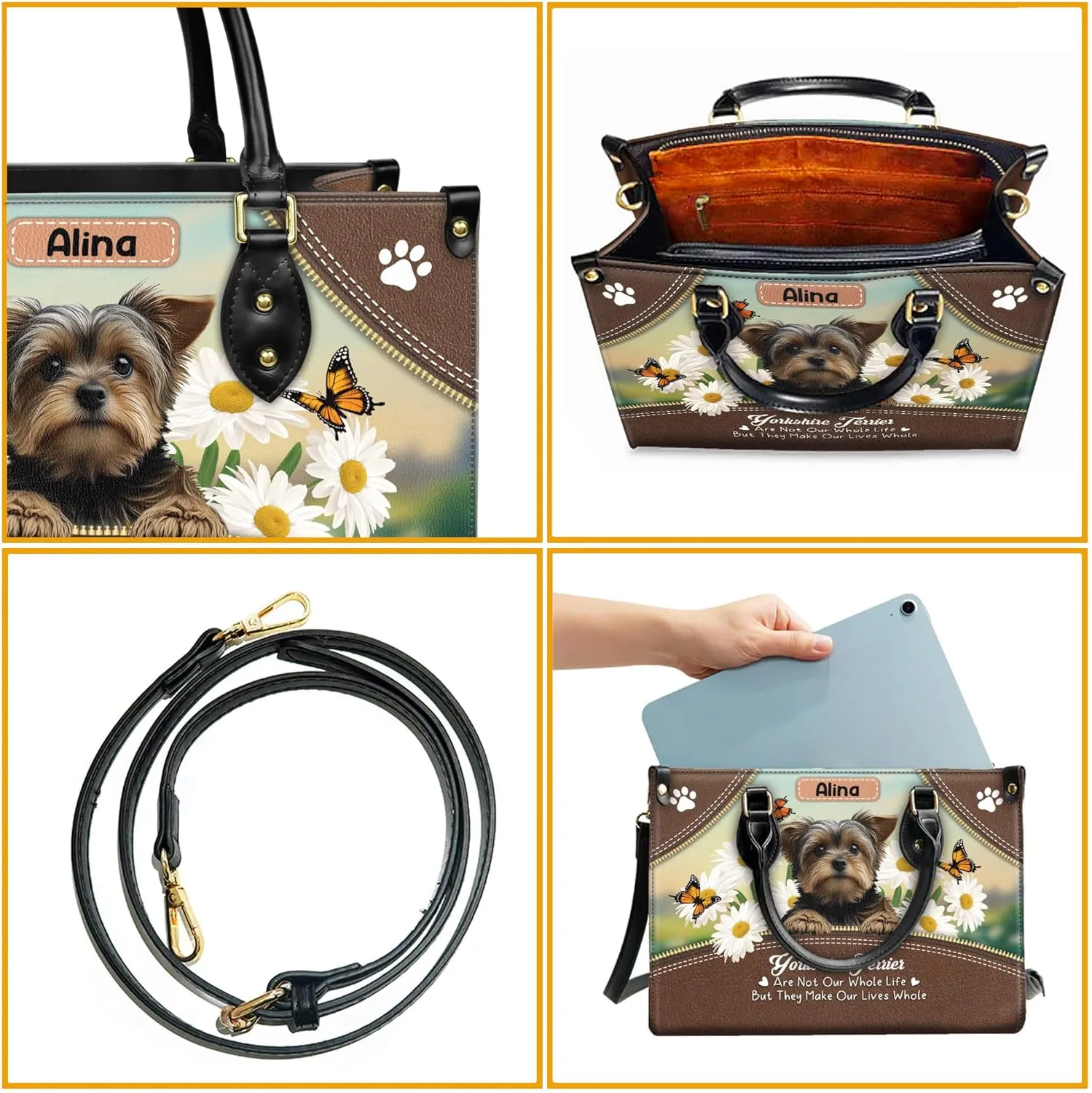 Personalized Yorkshire Terrier Dog Handbags, Custom Name Dog Leather Bags, Purses, Shoulder Bag, Gift For Dog Mom Dog Lover