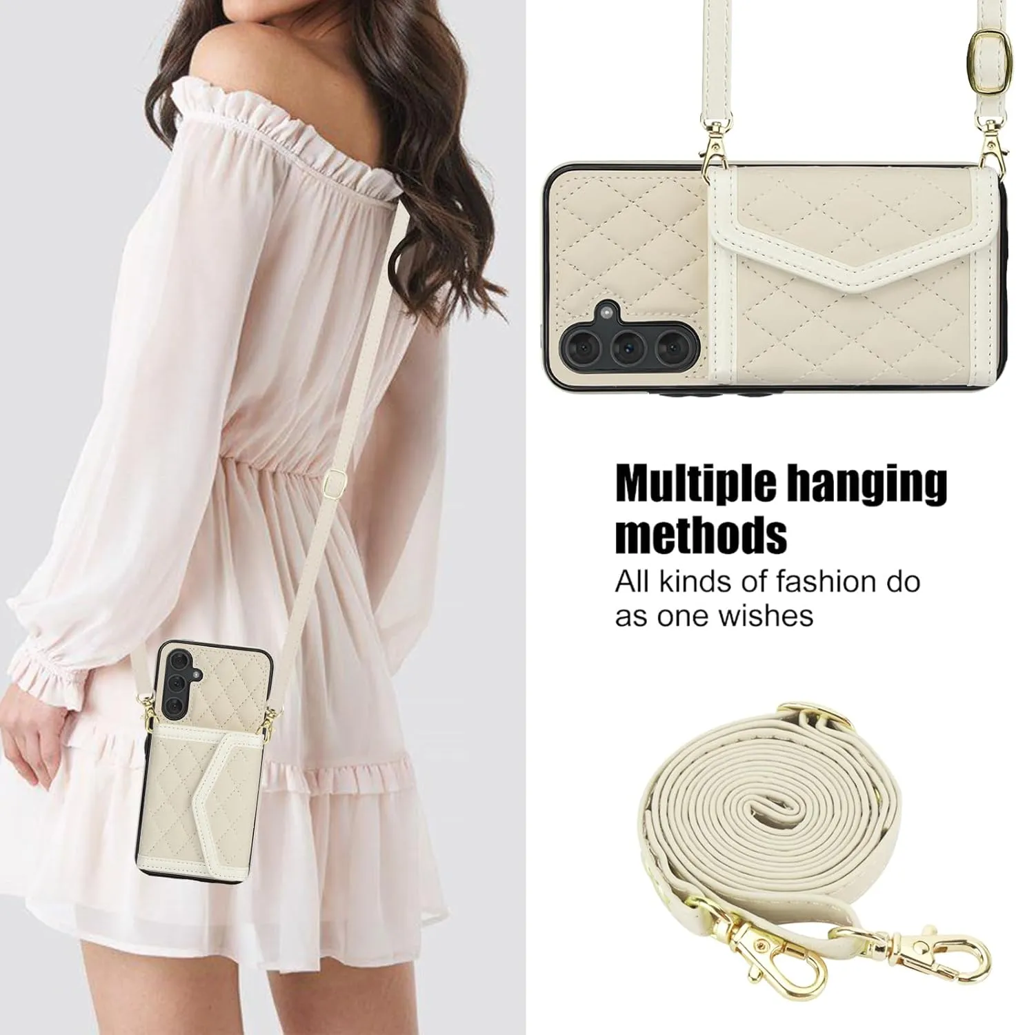 Phone Case for Samsung Galaxy S25 Plus 5G Wallet Cell Cover with Tempered Glass Screen Protector RFID Blocking Credit Card Holder Slot Crossbody Strap Stand S25Plus 25S 25  Women Men Girls Beige
