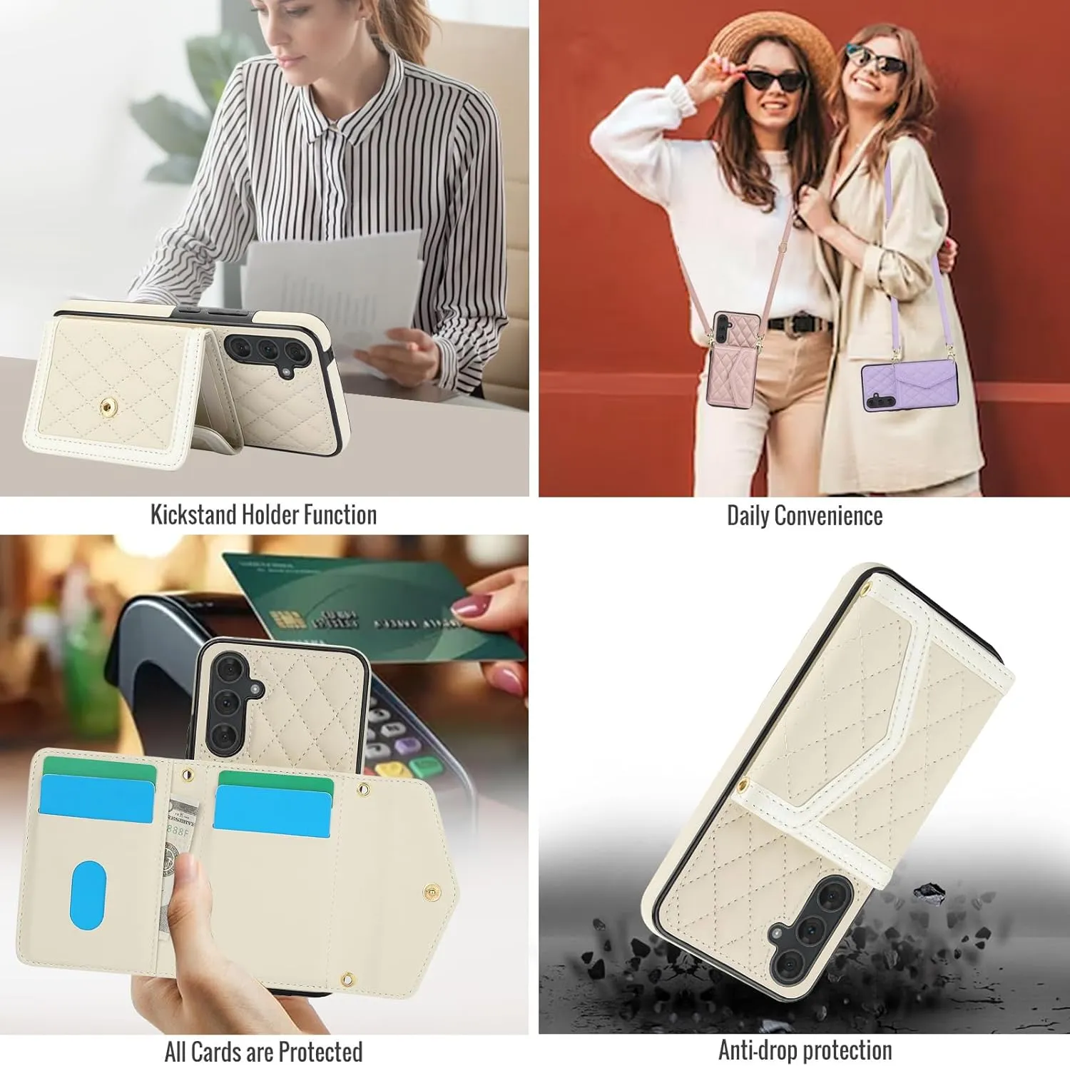 Phone Case for Samsung Galaxy S25 Plus 5G Wallet Cell Cover with Tempered Glass Screen Protector RFID Blocking Credit Card Holder Slot Crossbody Strap Stand S25Plus 25S 25  Women Men Girls Beige