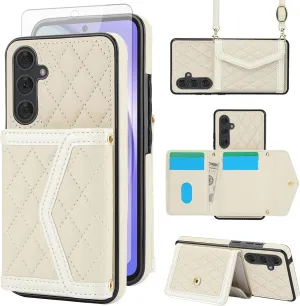 Phone Case for Samsung Galaxy S25 Plus 5G Wallet Cell Cover with Tempered Glass Screen Protector RFID Blocking Credit Card Holder Slot Crossbody Strap Stand S25Plus 25S 25  Women Men Girls Beige