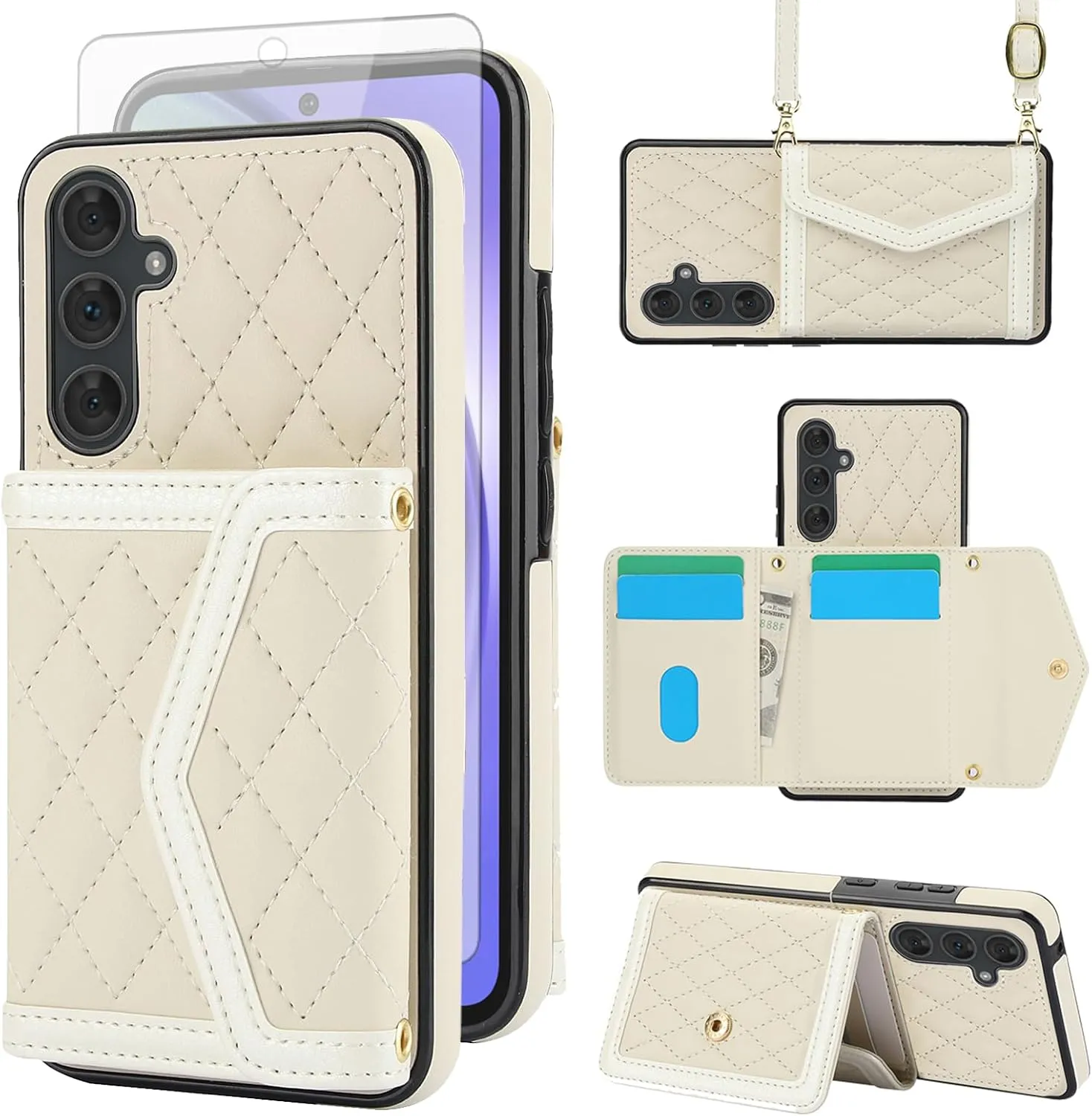 Phone Case for Samsung Galaxy S25 Plus 5G Wallet Cell Cover with Tempered Glass Screen Protector RFID Blocking Credit Card Holder Slot Crossbody Strap Stand S25Plus 25S 25  Women Men Girls Beige