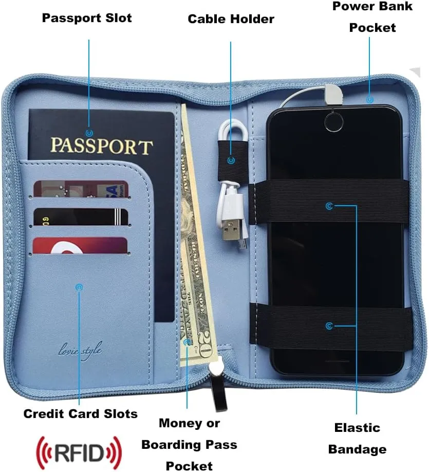 Phone Charging Passport Holder - Travel Wallet with Removable Power Bank holds money, cards, phone, travel docs- RFID Blocking - Compatible with All Phones - Travel Accessories