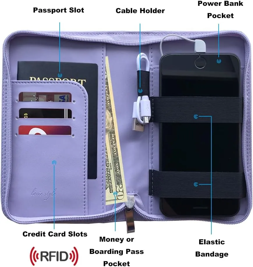 Phone Charging Passport Holder - Travel Wallet with Removable Power Bank holds money, cards, phone, travel docs- RFID Blocking - Compatible with All Phones - Travel Accessories