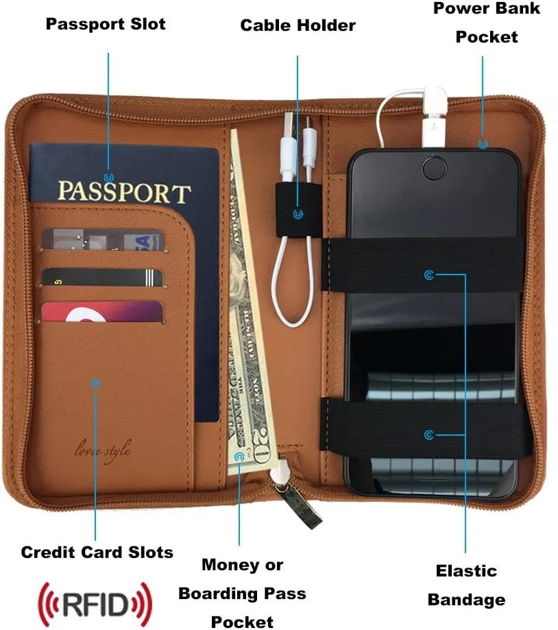 Phone Charging Passport Holder - Travel Wallet with Removable Power Bank holds money, cards, phone, travel docs- RFID Blocking - Compatible with All Phones - Travel Accessories
