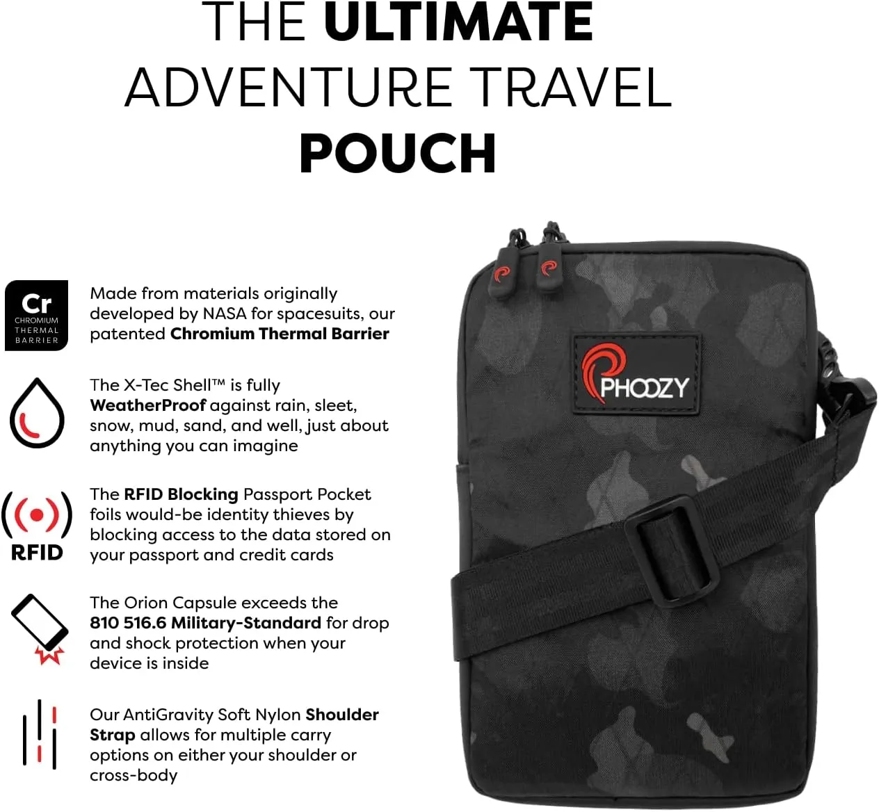 PHOOZY Orion Insulated Tech Pouch For Travel - NASA Insulation Protects Your Phone, AirPods and Other Devices. Weatherproof X-Tech Shell with RFID Blocking Pocket for Complete Protection (BLACK CAMO)